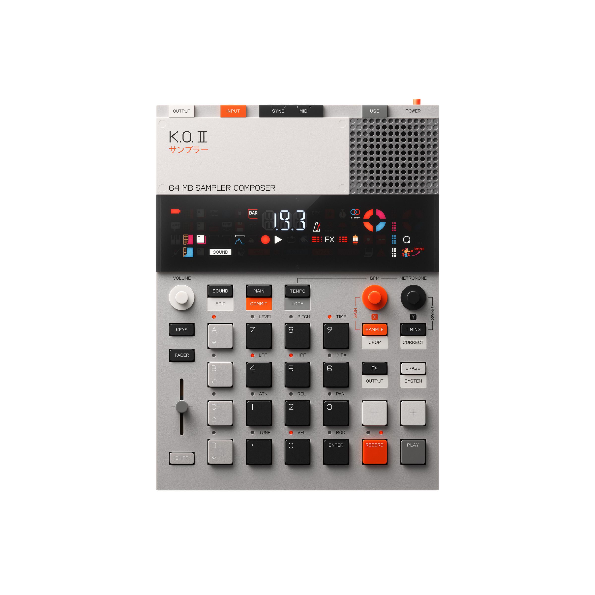 A picture of the EP-133 KO II, a gray and white and orange synthesizer.
