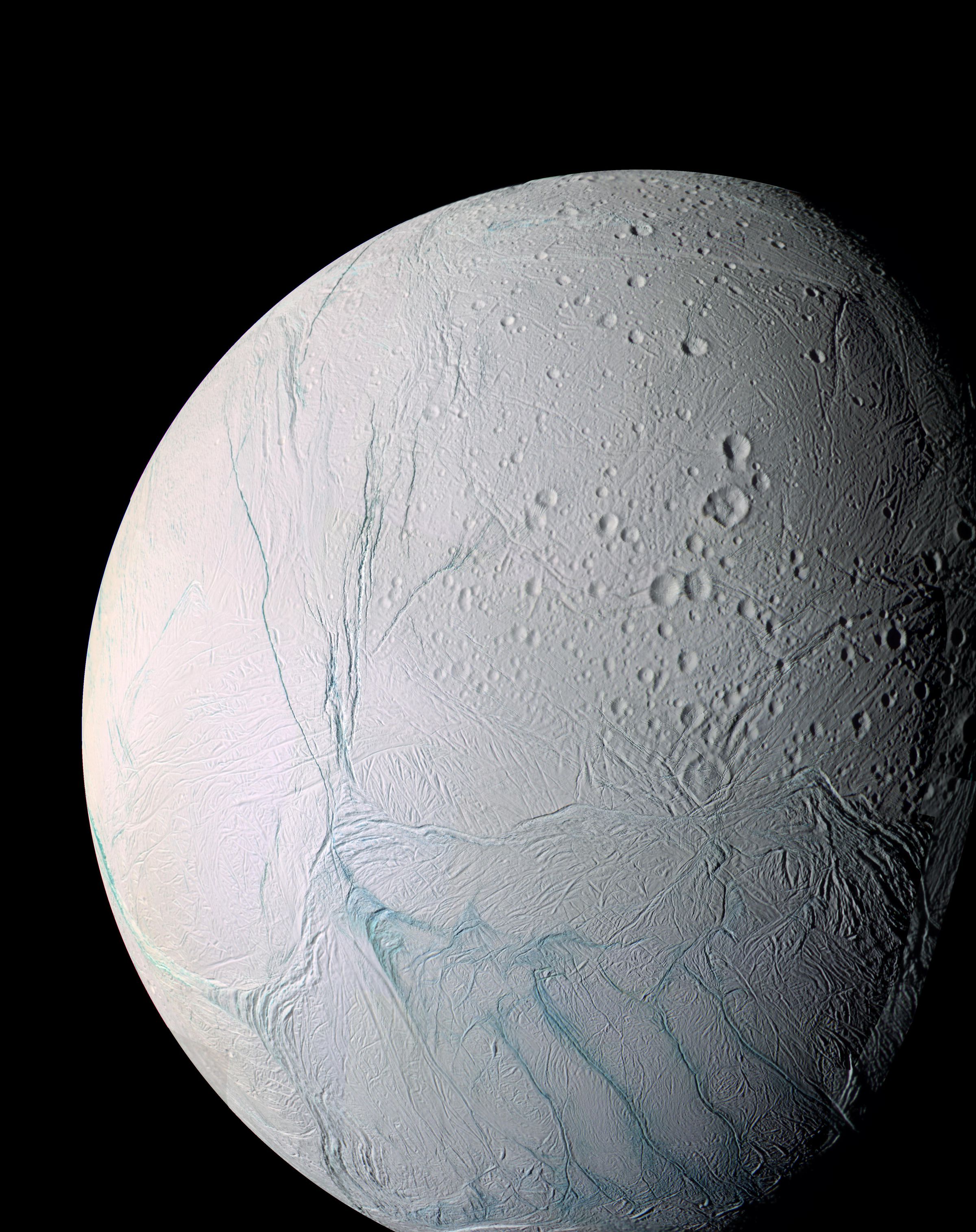 Saturn’s moon Enceladus, photographed on March 9th and July 14th, 2005. 