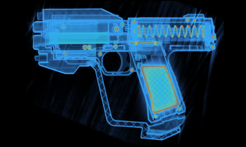 The blue translucent shell of my blaster vanishes exposing the metal spring and screws and grips and barrel.