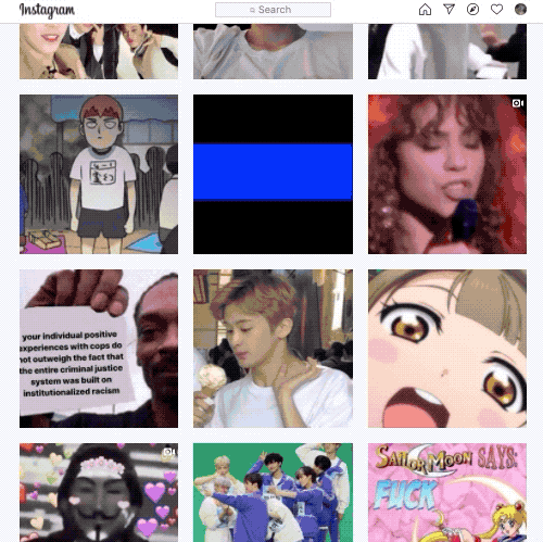 Browsing the #BlueLivesMatter hashtag on Instagram reveals a mix of memes and images  related to K-pop, anime, and anonymous. 