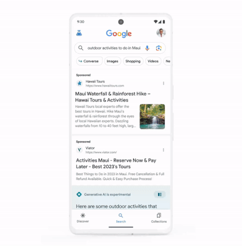 A GIF of a Google video showing ads in Search Generative Experience.