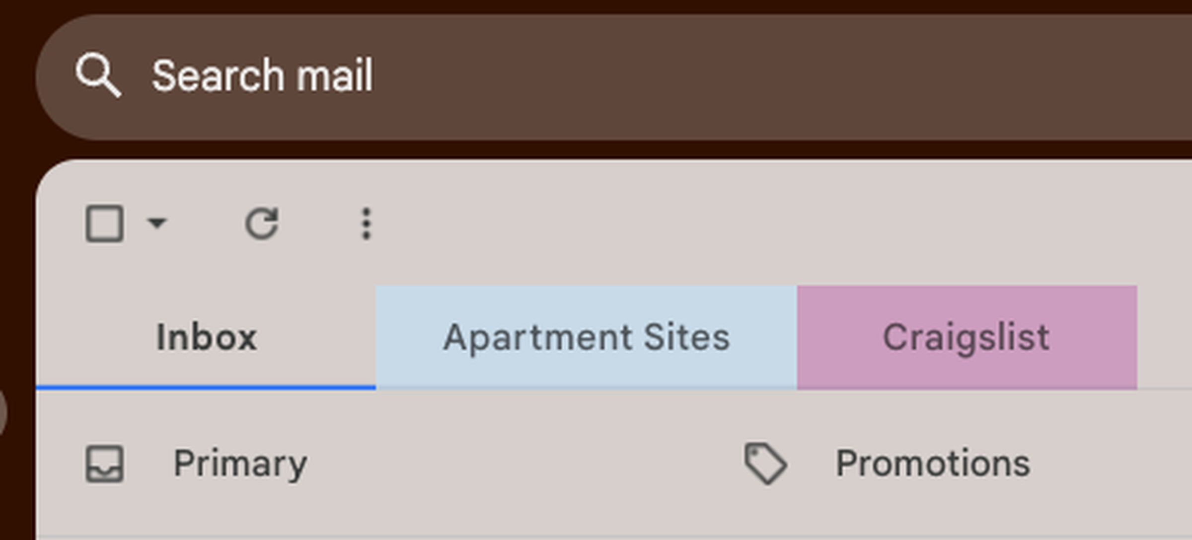 Screenshot of a Gmail inbox with tabs that are customized reading “Apartment Sites” and “Craigslist.”