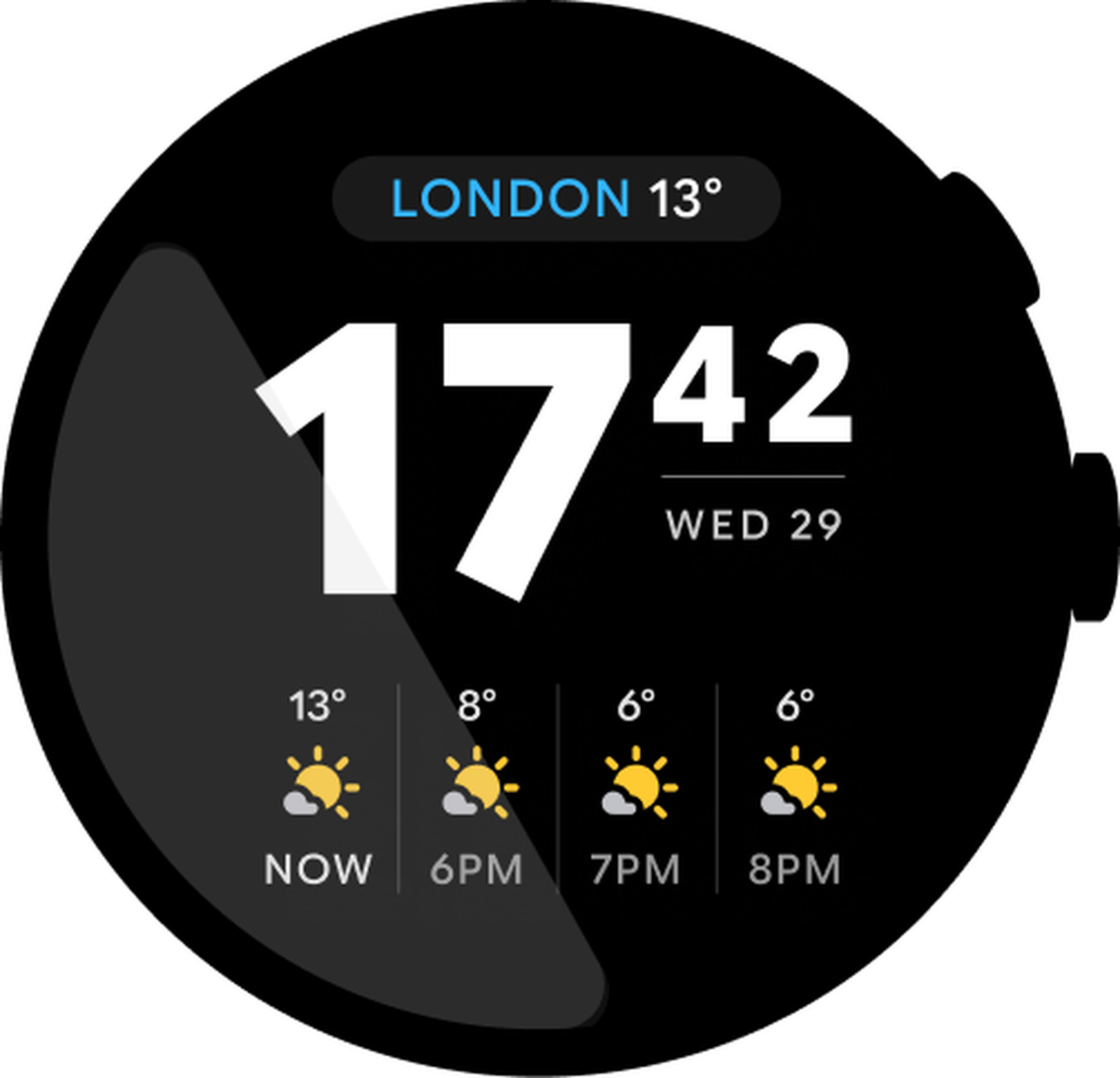 An image of a watch face with the weather prominently displayed.