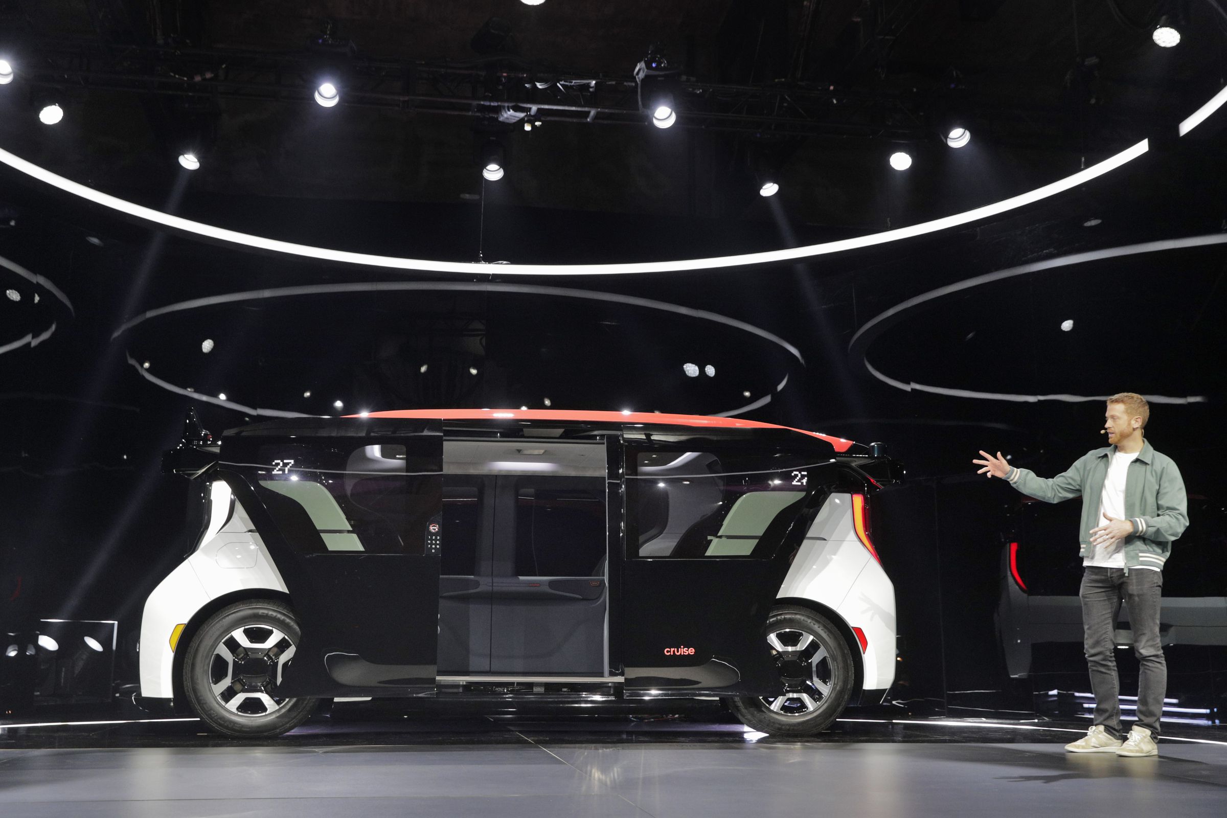 Kyle Vogt, speaks near the new Cruise Origin, at the unveiling of the new, fully autonomous passenger vehicle in San Francisco, Calif., on Tuesday, January 21, 2020