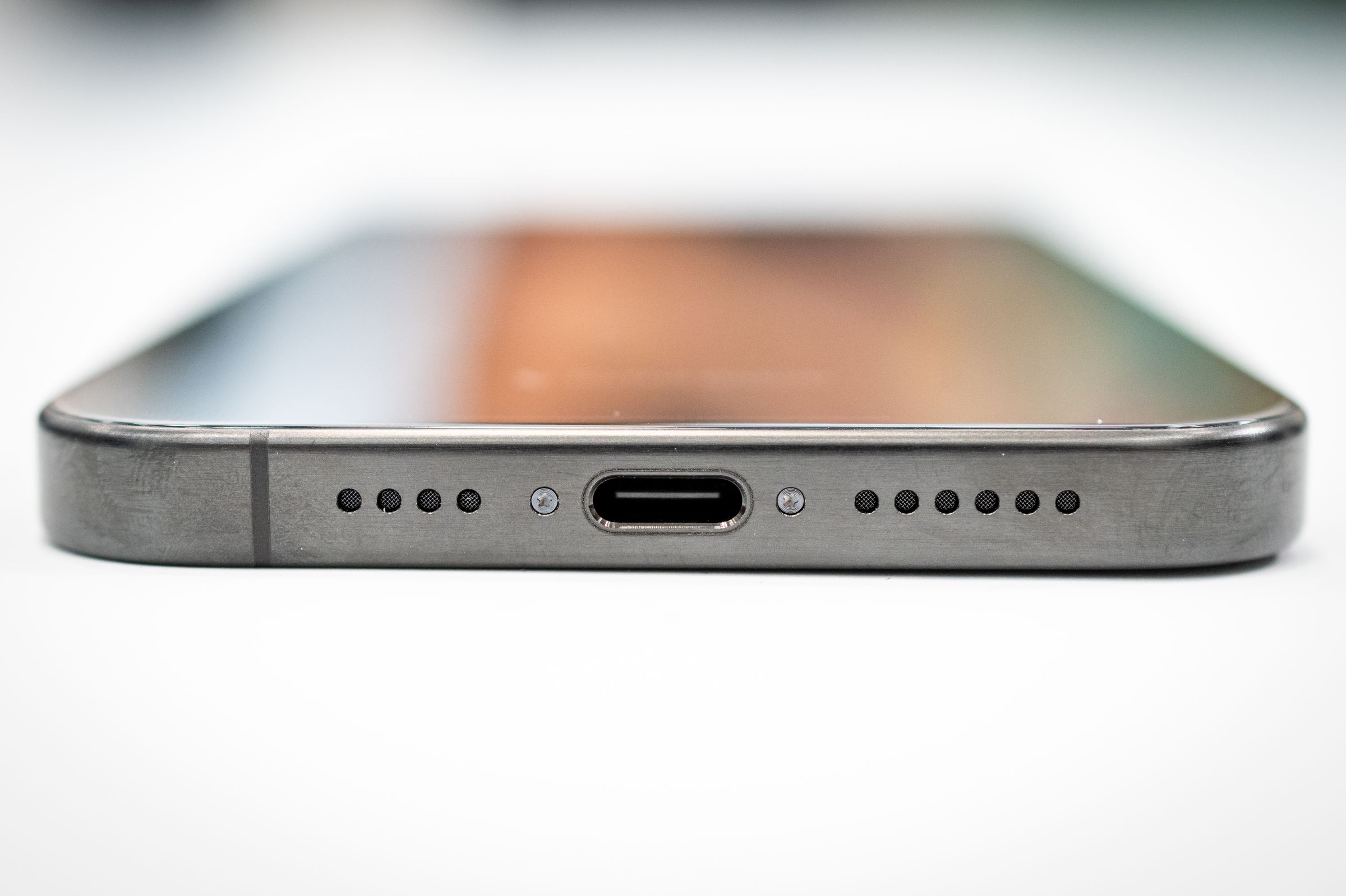 The USB-C port on the black titanium iPhone 15 Pro