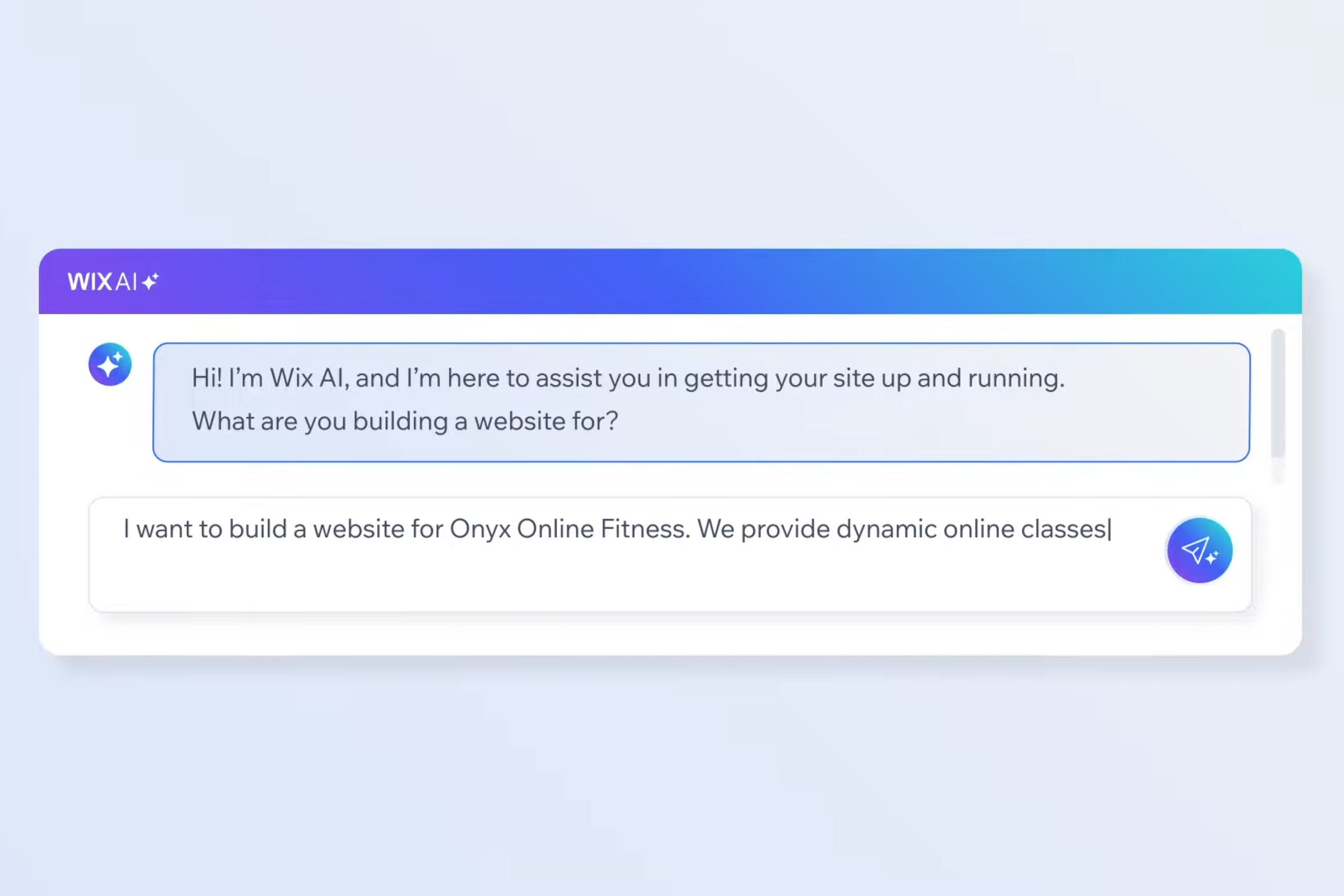A screenshot of the first prompt of the website-building process. In it, “Wix AI” asks what kind of site the person wants, and the person types that they want a fitness site, including the name and a description of what they offer.