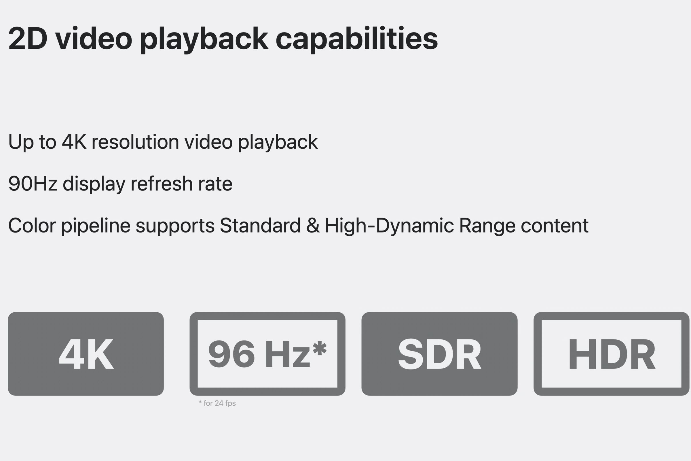 The Vision Pro supports 4K video playback, and its displays support up to 96Hz with HDR support.