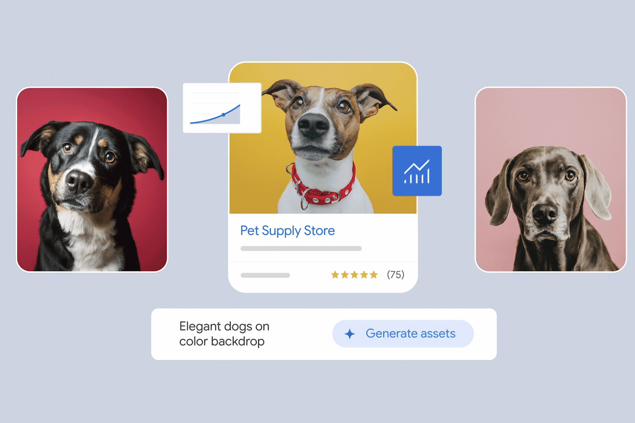 three dogs in colorful backgrounds, a prompt that says “elegant dogs on color backdrop” with a button that says generate assets.