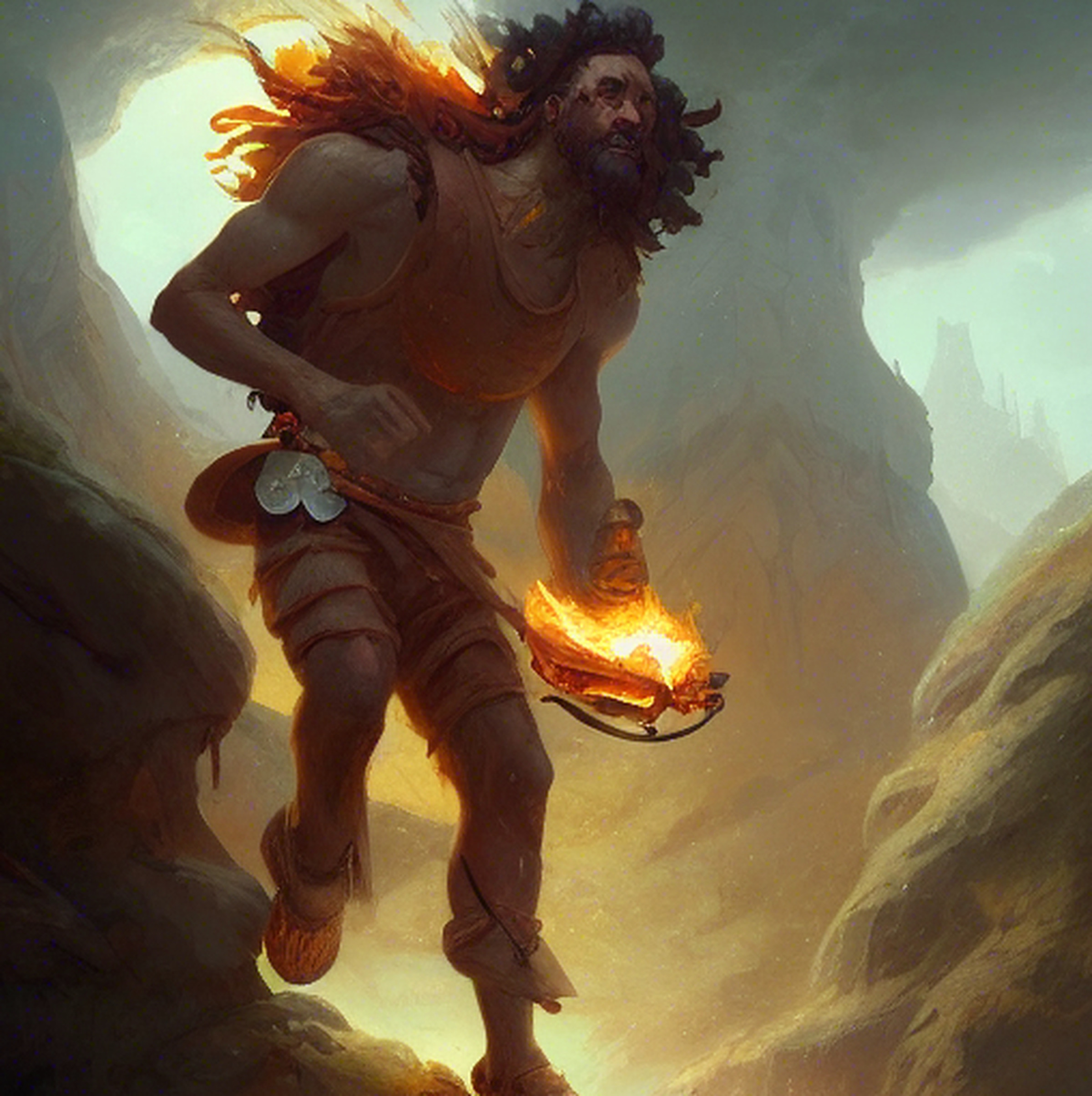 Stealing fire from the gods, illustrated by Stable Diffusion. (Exact prompt: “fantasy portrait of a hero stealing fire from the gods, digital painting, illustration, high quality, fantasy, style by jordan grimmer and greg rutkowski”)