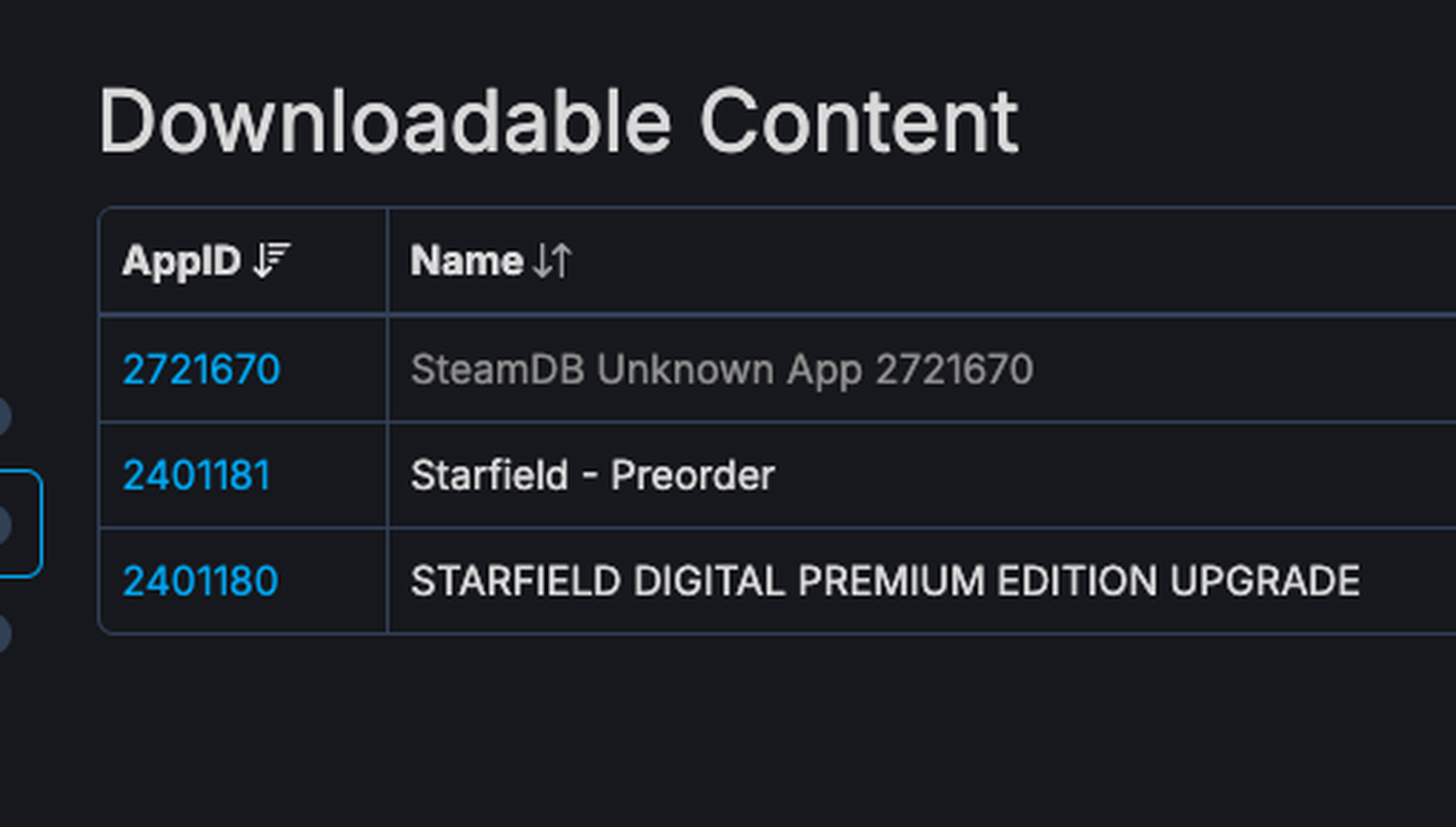 A screenshot of downloadable content for Starfield from SteamDB.