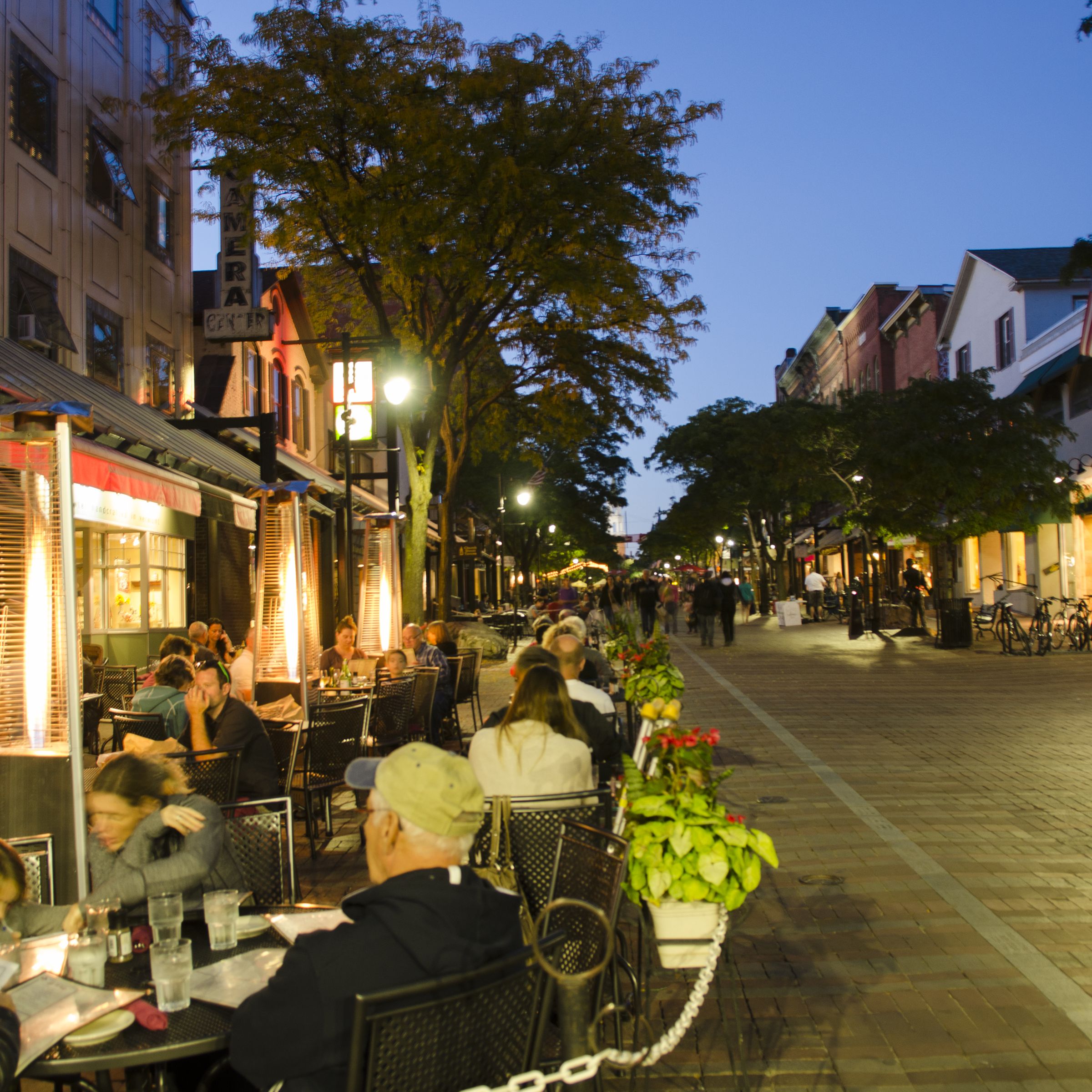 Burlington, Vermont, Church Street downtown with restaurants and tourists