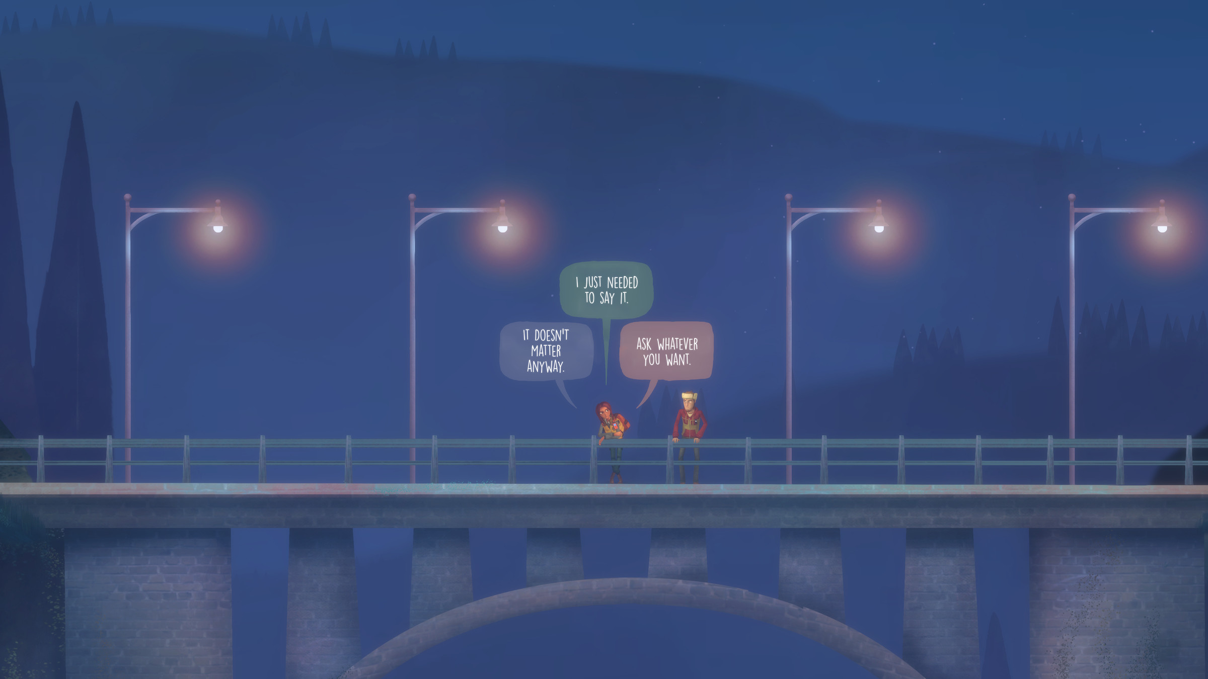 Screenshot from Oxenfree II: Lost Signals featuring a zoomed out shot of three characters on a bridge on a gloomy night.
