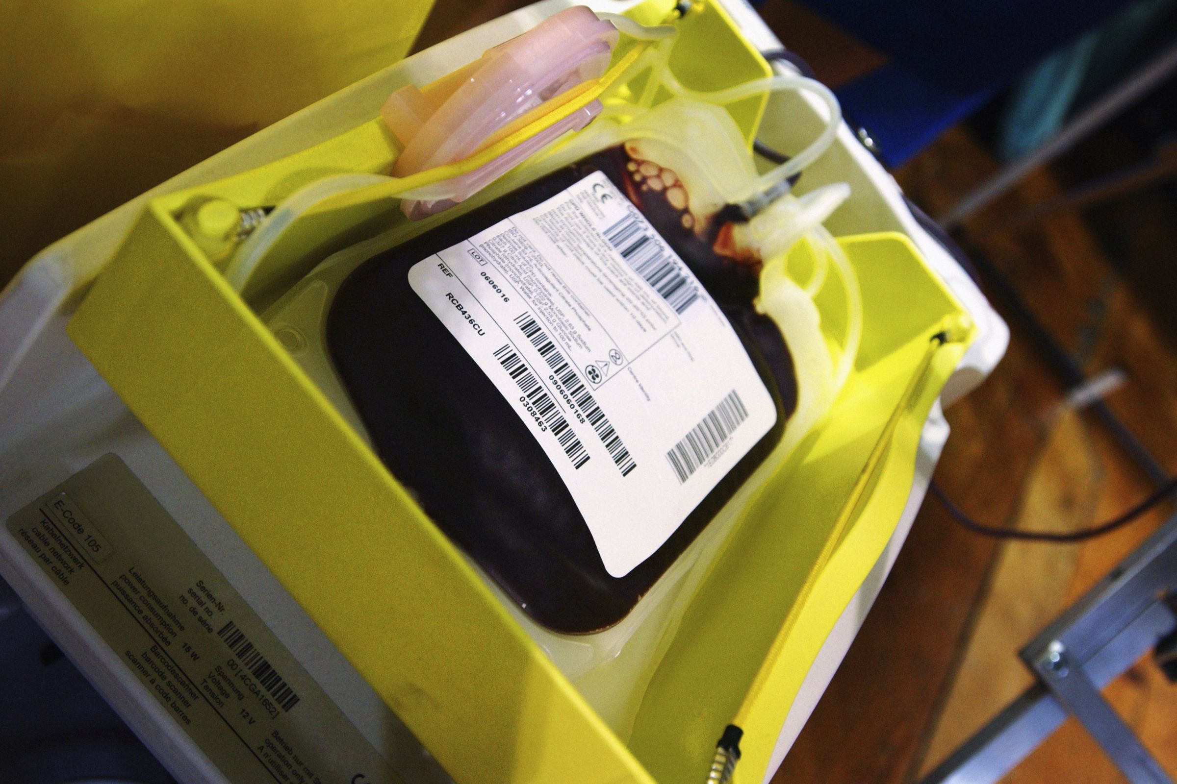 Storage bag being filled with recently donated blood