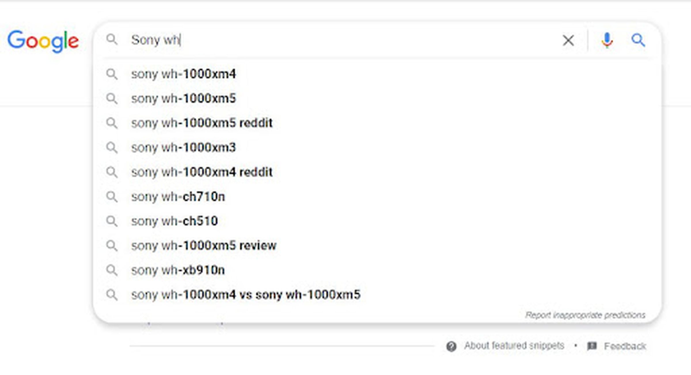 A google search box autofilled with responses.