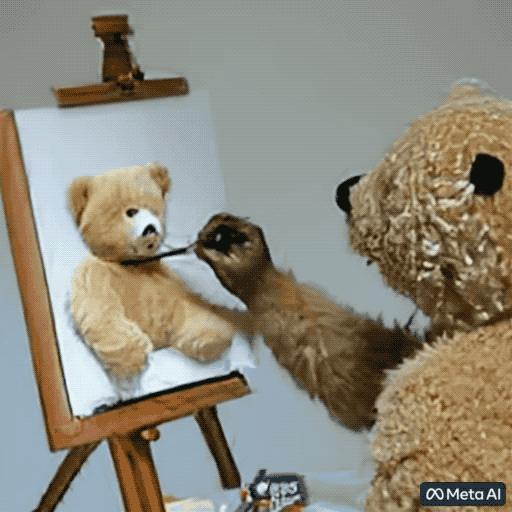 A video clip shows a teddy bear painting its portrait.