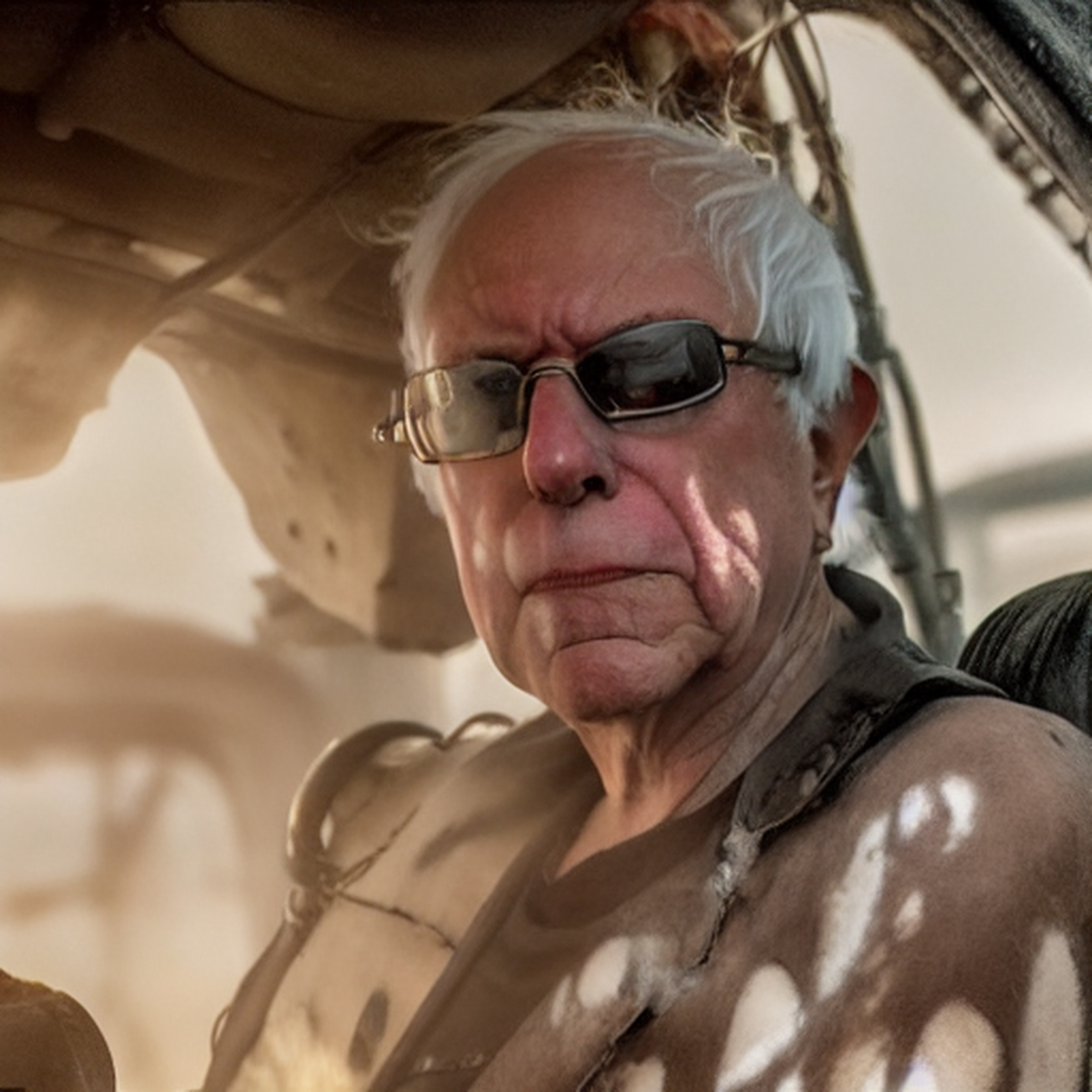 An image created by Stable Diffusion from the software’s subreddit. The exact text description used to create the image was “Photo of Bernie Sanders in Mad Max Fury Road (2015), explosions, white hair, goggles, ragged clothes, detailed symmetrical facial features, dramatic lighting.” 
