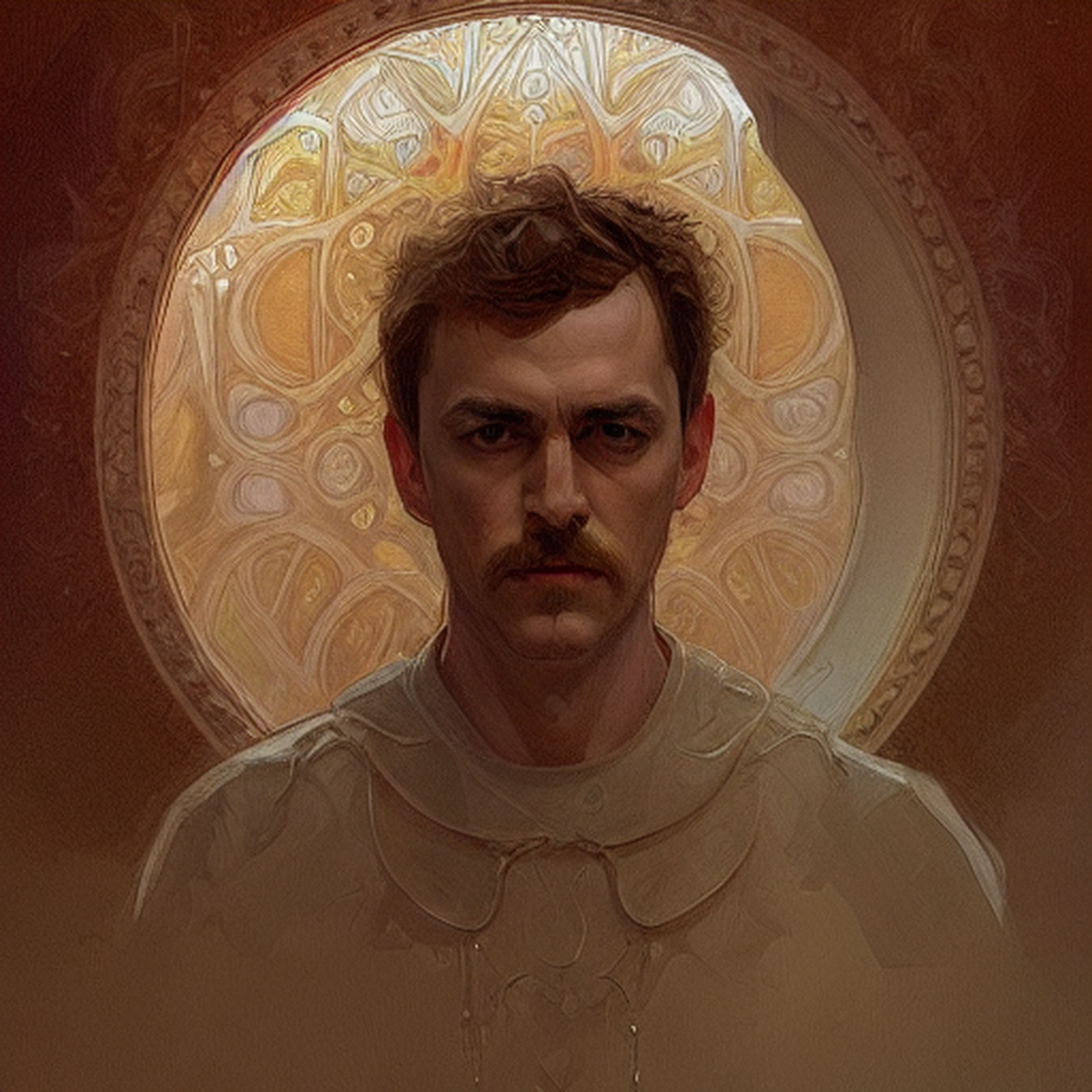 An AI-generated digital painting of a white male with gloomy lighting and an artistic background like stained glass.
