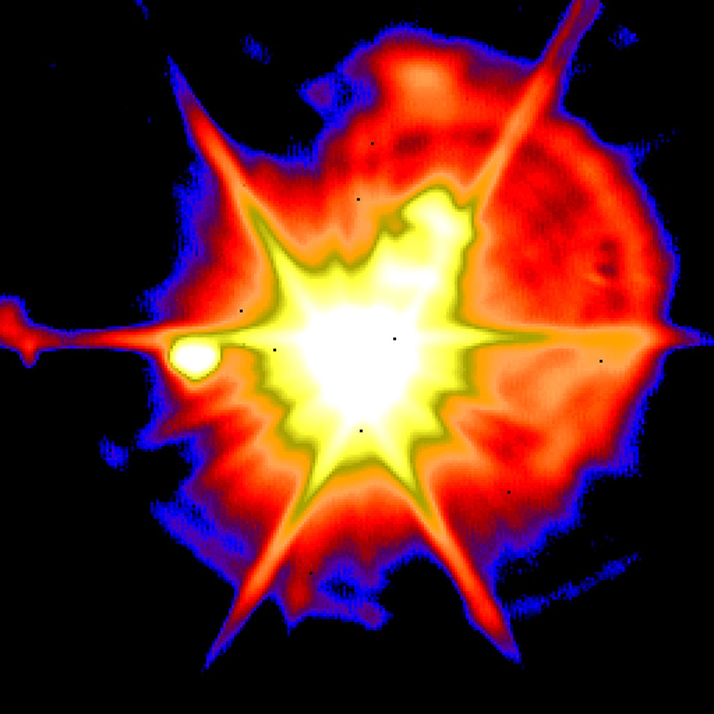 Infrared image of a successful intercept in 2008, where a ground based interceptor collided with a target launched from Alaska. 