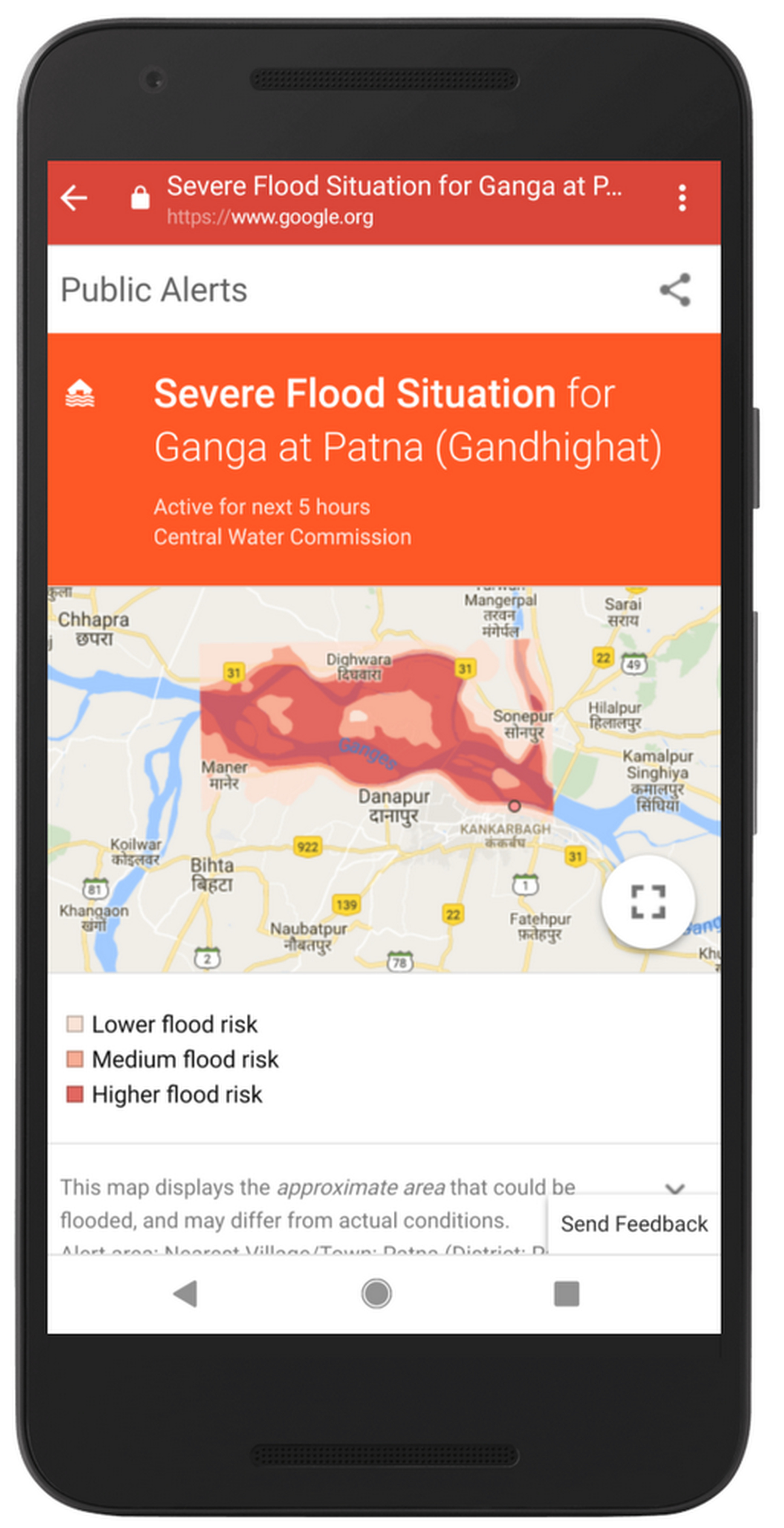 A flood alert for the Patna region in India, where Google has launched its AI-assisted flood predictions. 