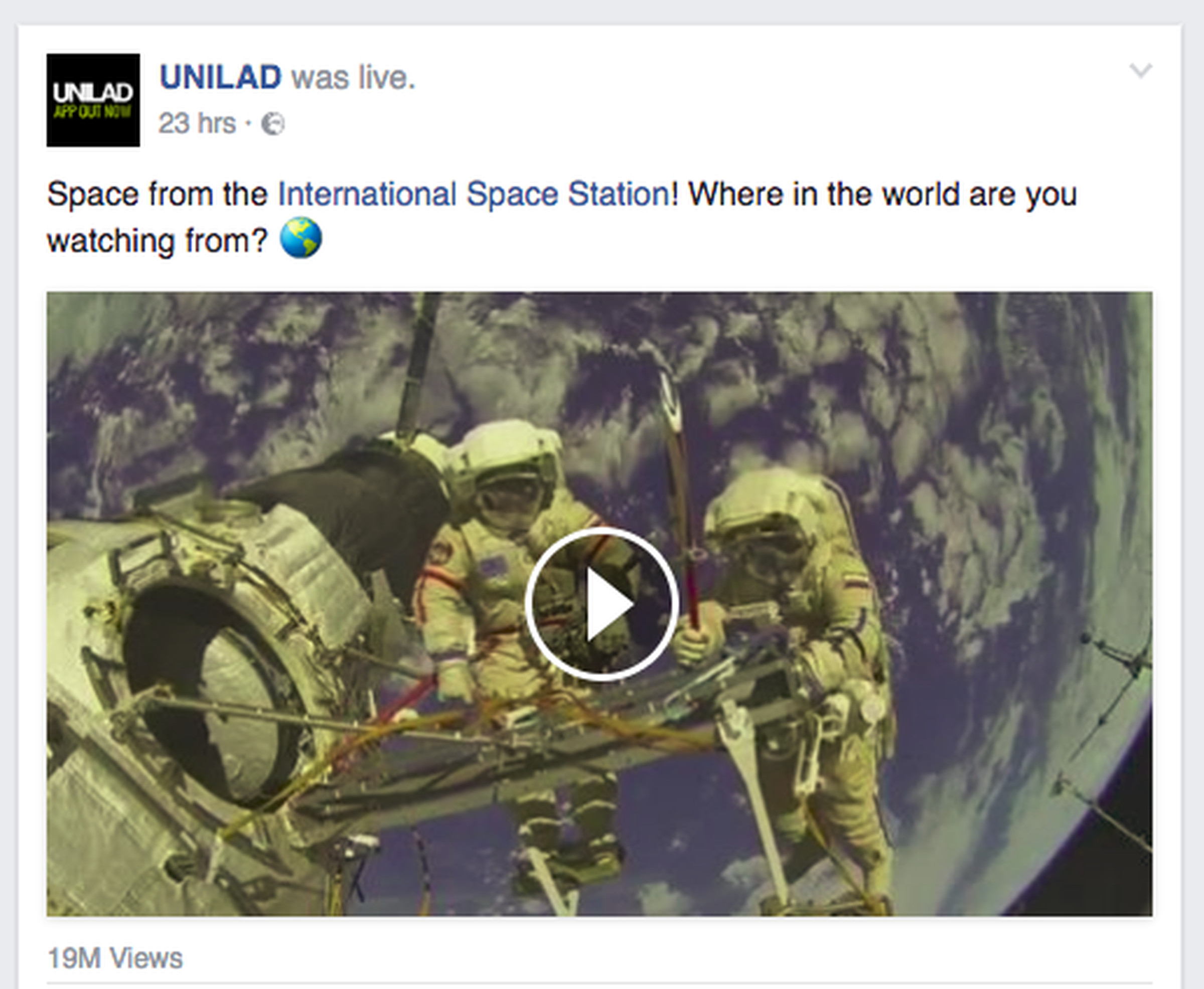 A screenshot showing UNILAD’s "live" stream from the ISS.