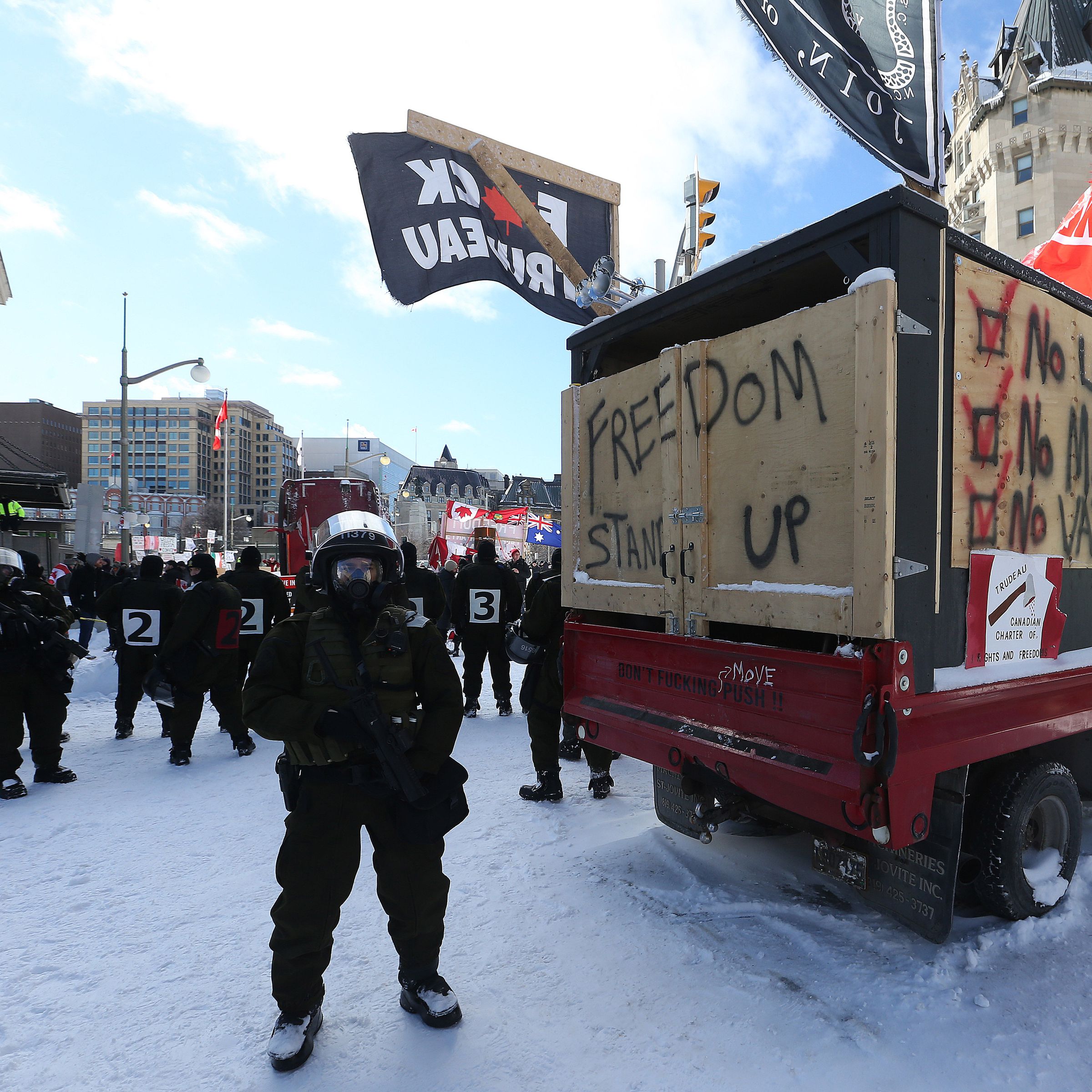 Snow covers the protest convoy. Ottawa Police handed out papers telling the truckers to leave or face arrest there was no movement on Wellington Street in front of Parliament Hill