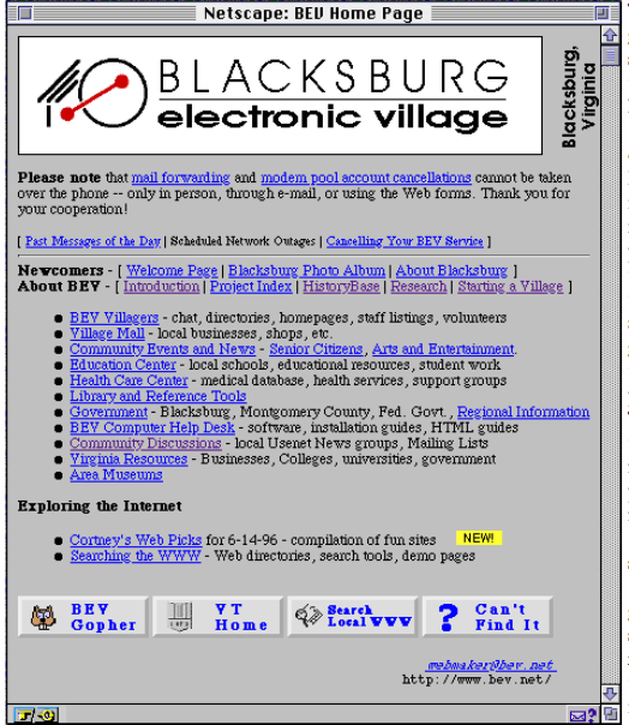 The BEV's homepage in June 1996, with links to the Village Mall, community events, and Usenet News groups.