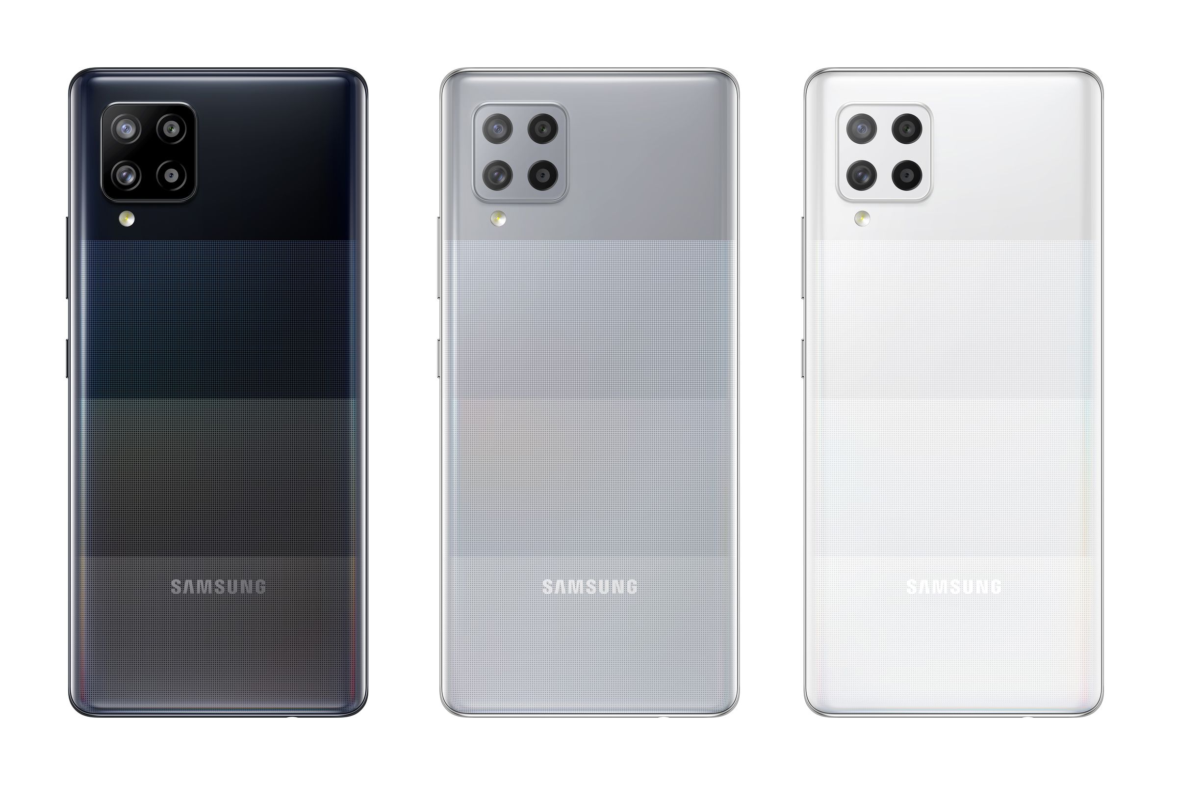 Composite of Galaxy A42 5G in black, gray, and white.