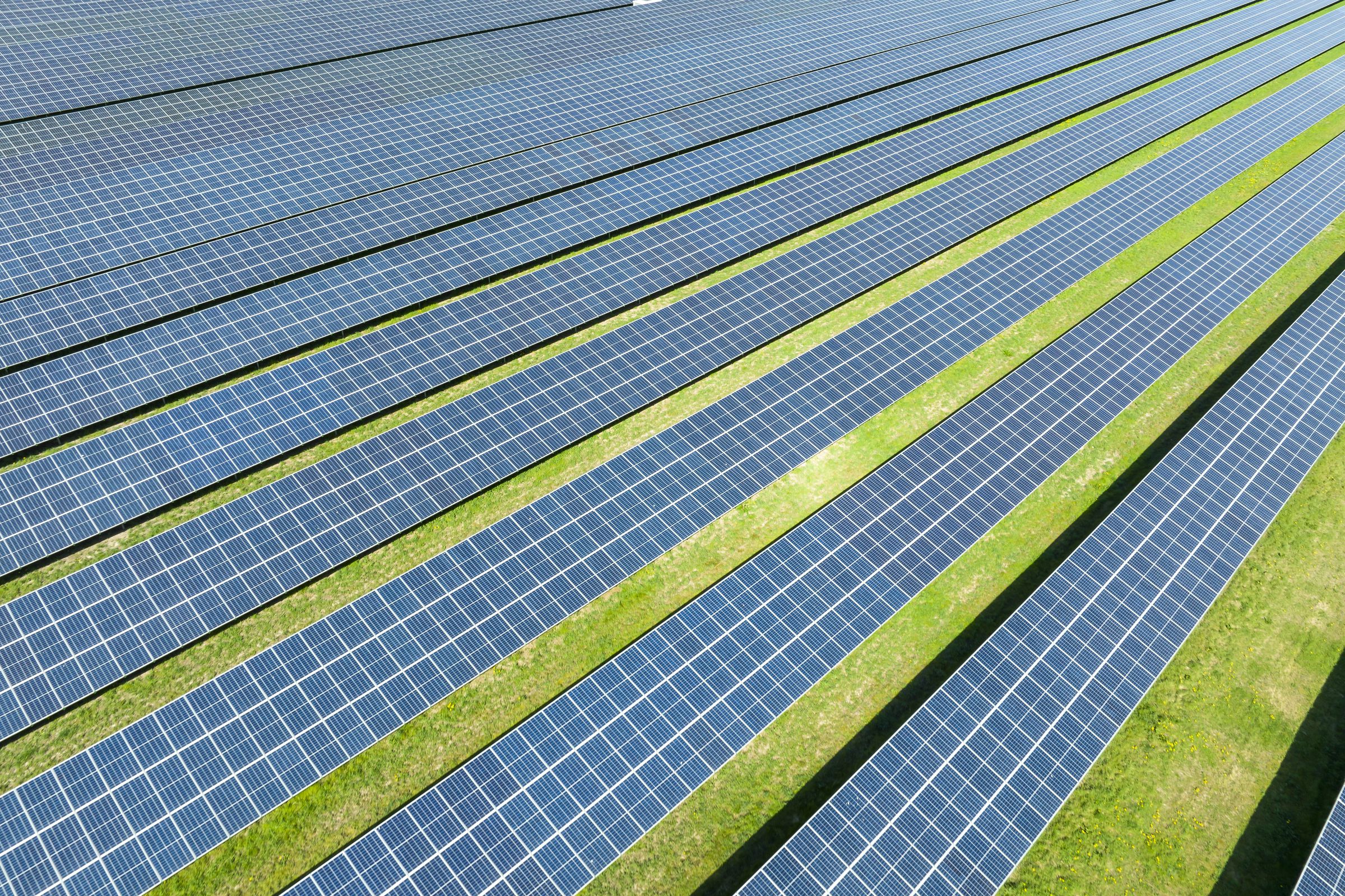 &nbsp;Aerial view of a solar farm producing clean renewable energy on April 20, 2022 in Emmeloord, Netherlands.