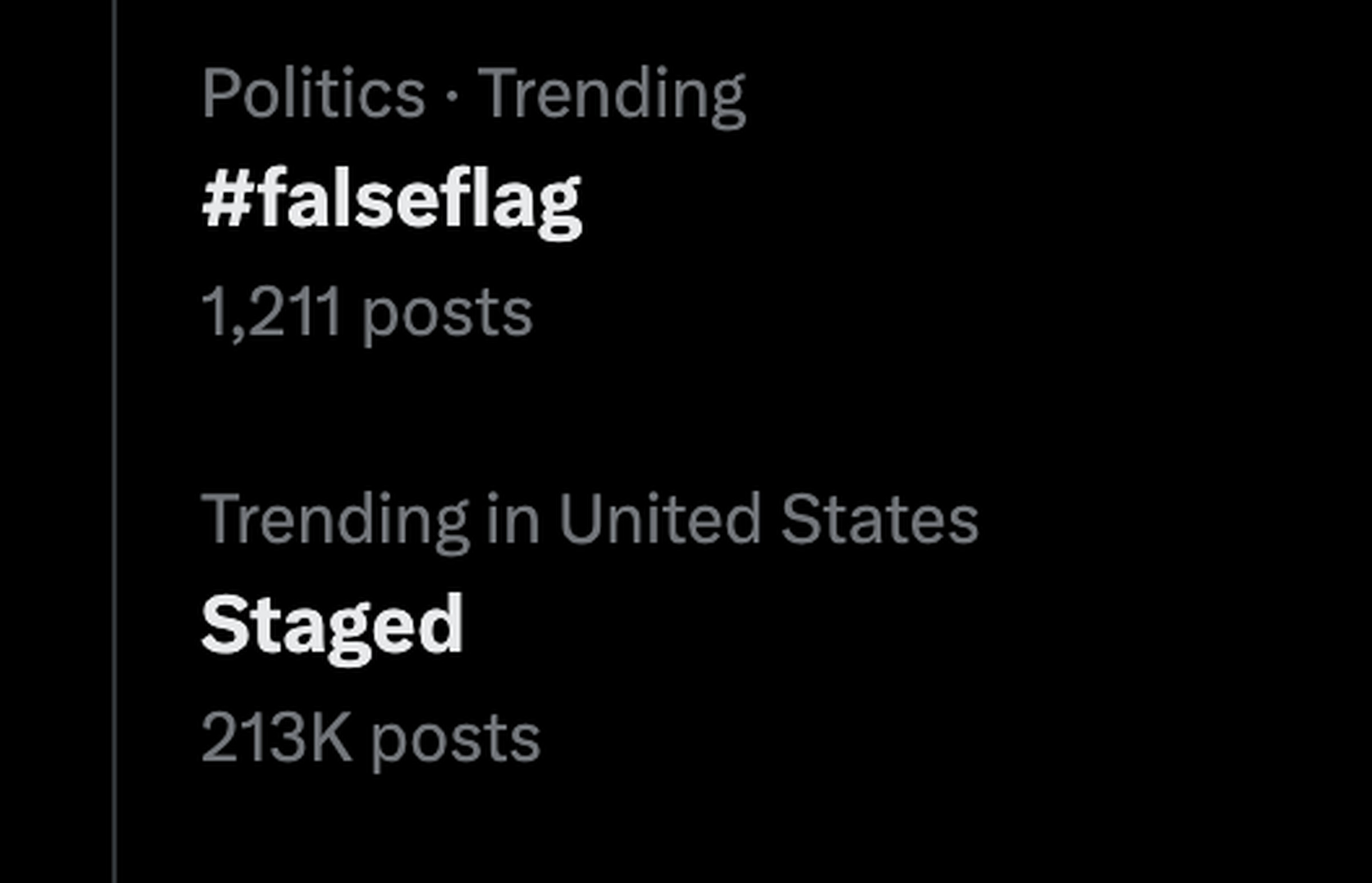 “#falseflag” is listed with 1,211 posts and “staged” is listed with 213k psots.