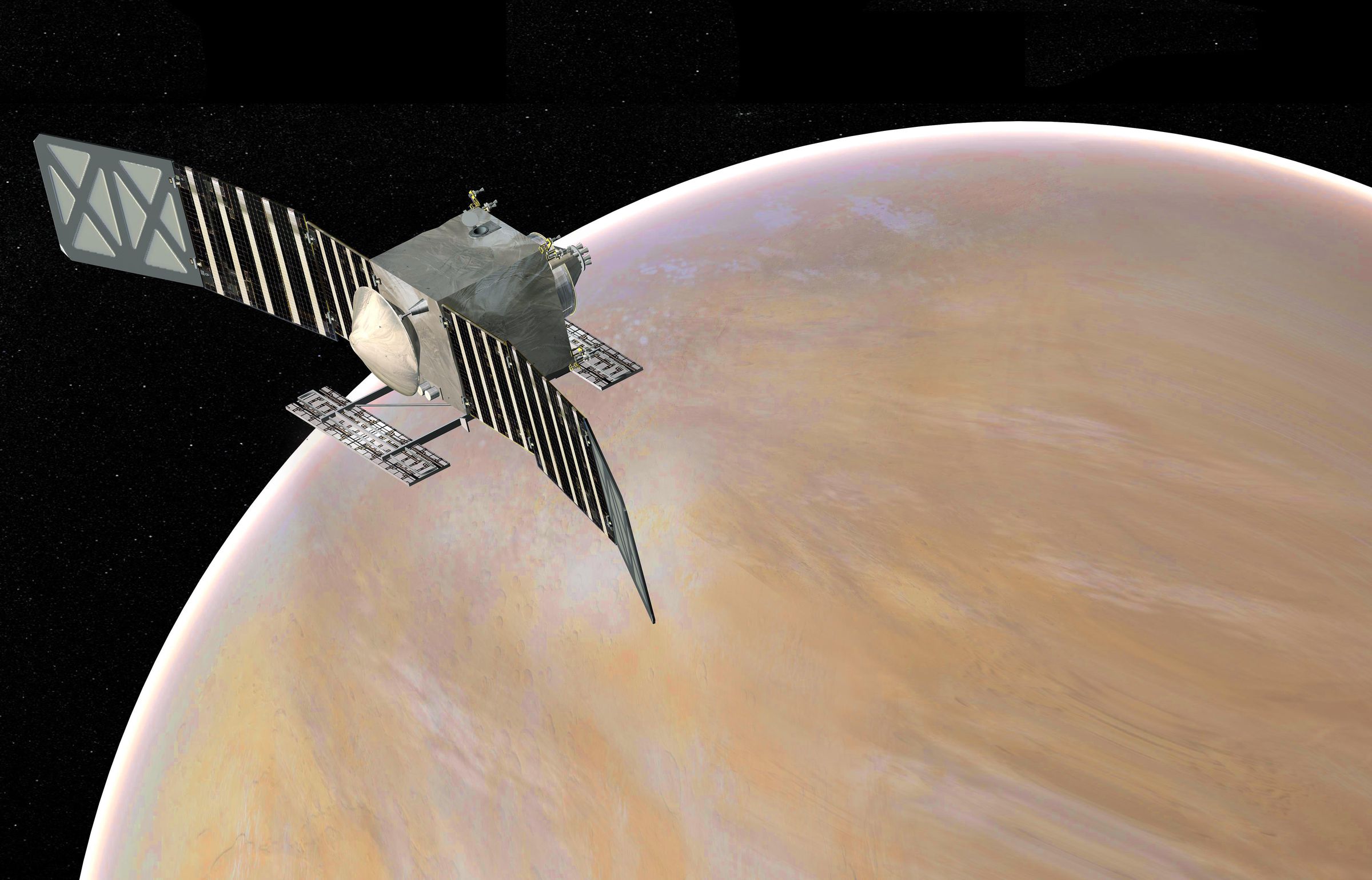 An artistic rendering of the Veritas spacecraft, a proposed mission to Venus out of NASA’s Jet Propulsion Laboratory.