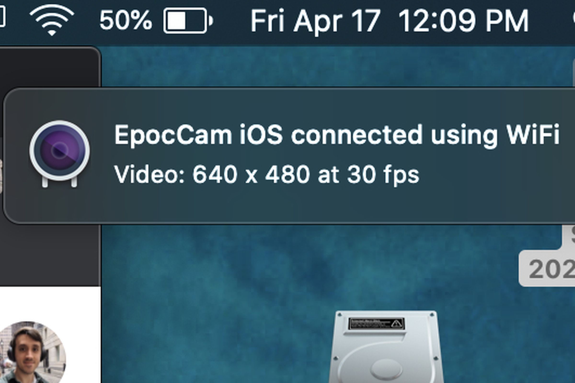 Look for this notification when EpocCam activates on your PC.