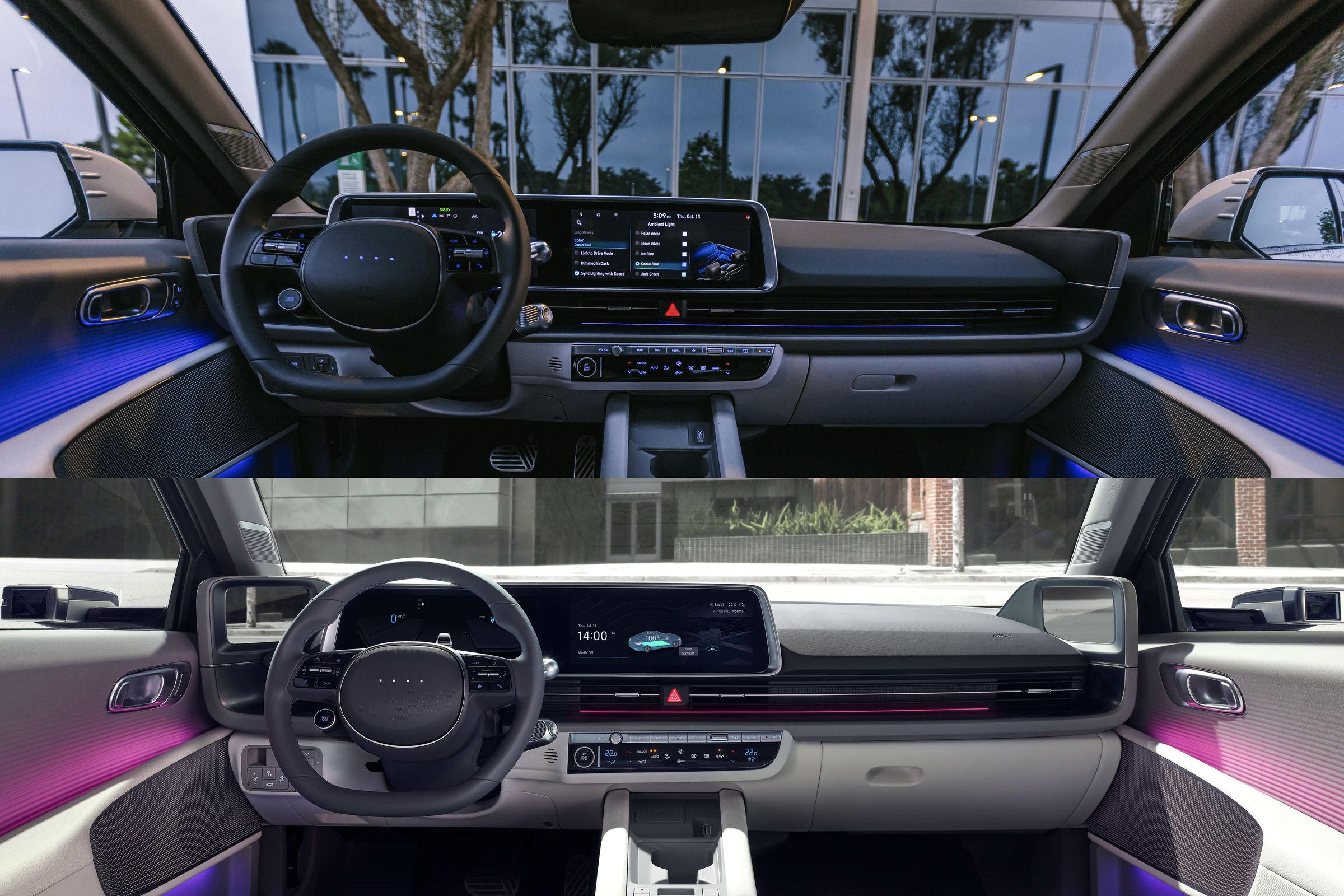 Top: Ioniq 6 with traditional mirrors. Bottom: Not US-friendly digital side mirrors with cameras on the outside and displays on the inside.