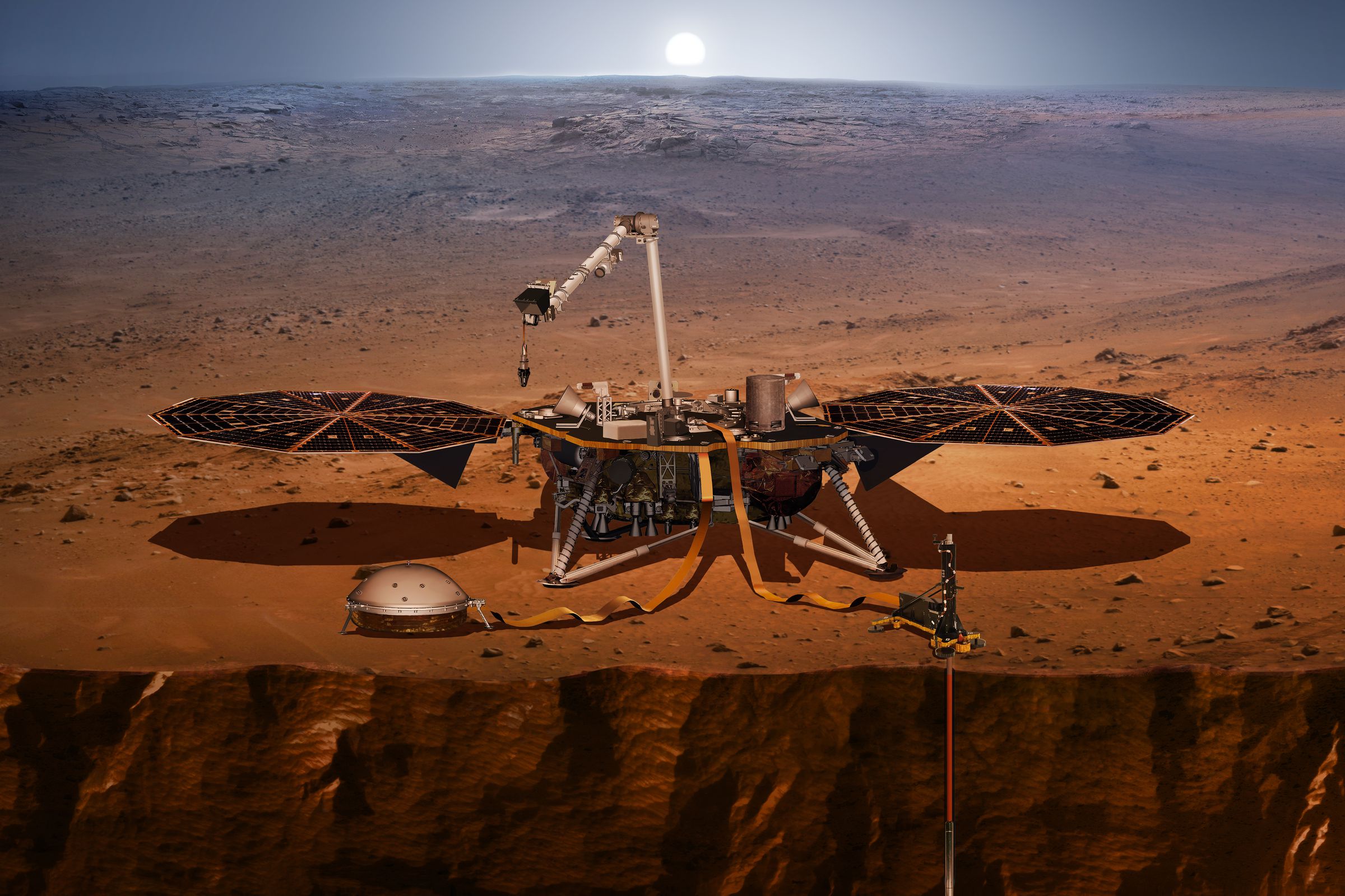 A rendering of the InSight lander on Mars