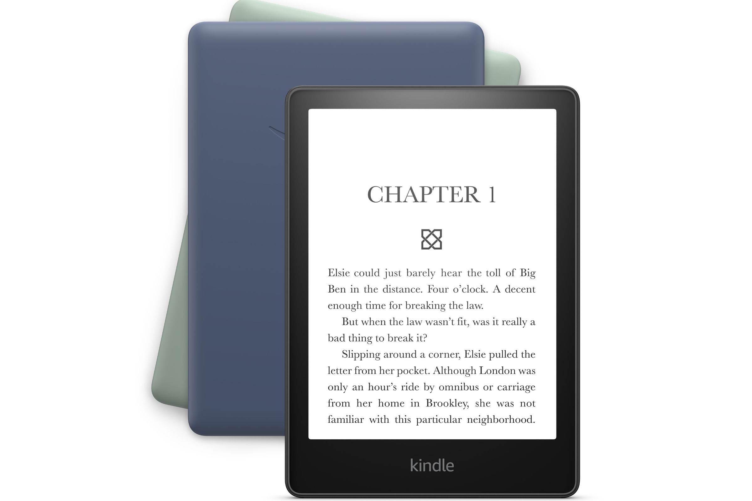 The green and denim blue Kindle Paperwhites hiding behind the standard black Kindle Paperwhite.