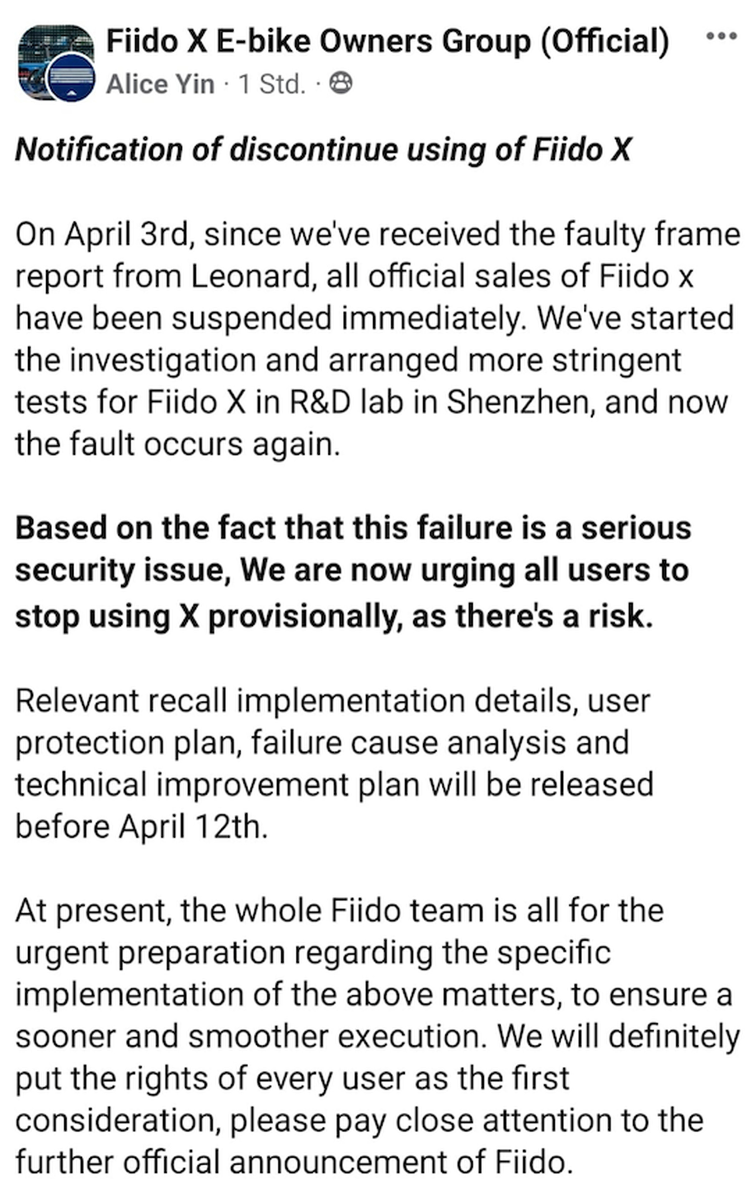 Fiido statement posted in the private Fiido X E-bike Owners Group on Facebook.