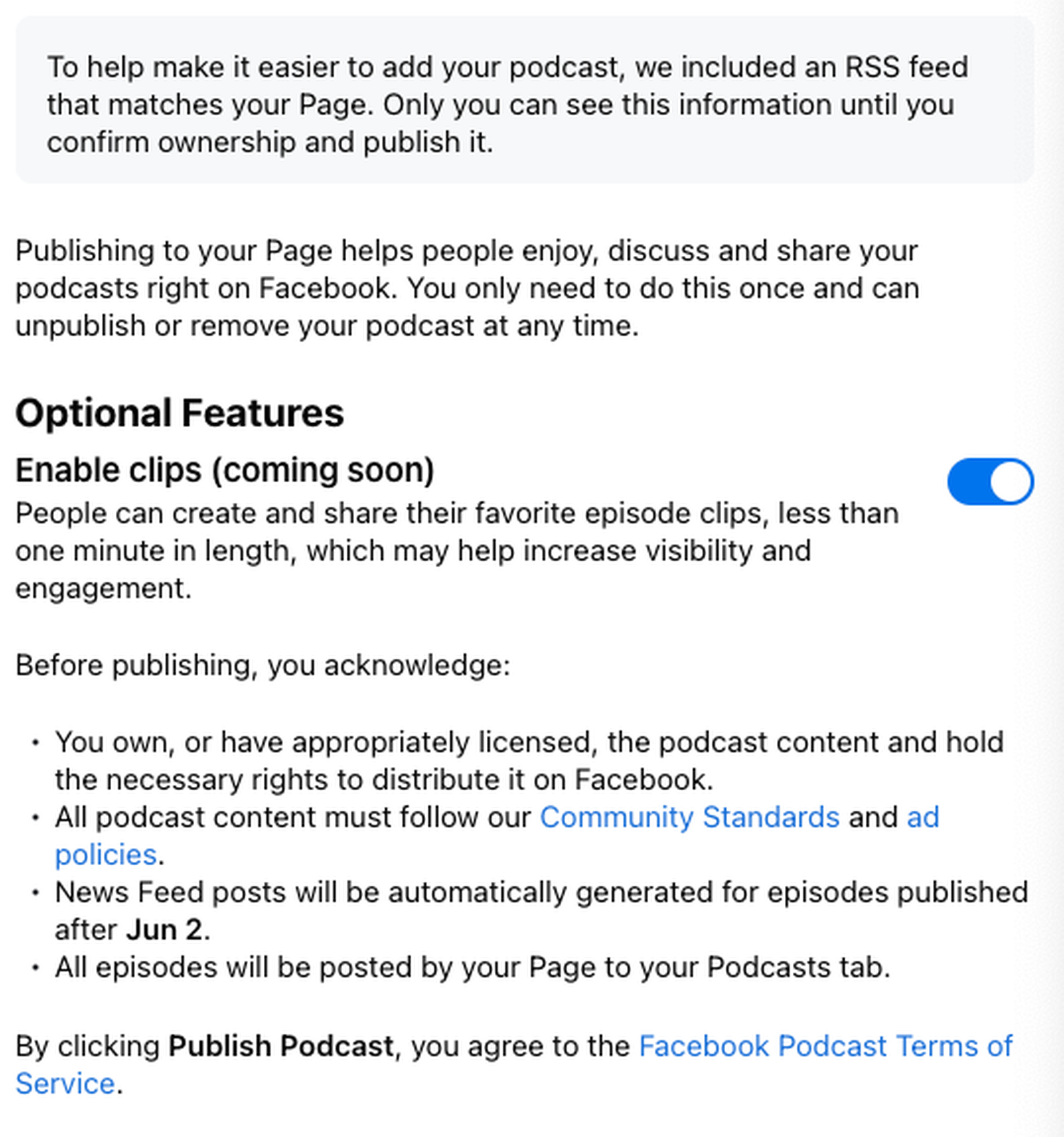 This is the pop-up podcasters will see when they go to add their show’s RSS feed to Facebook.