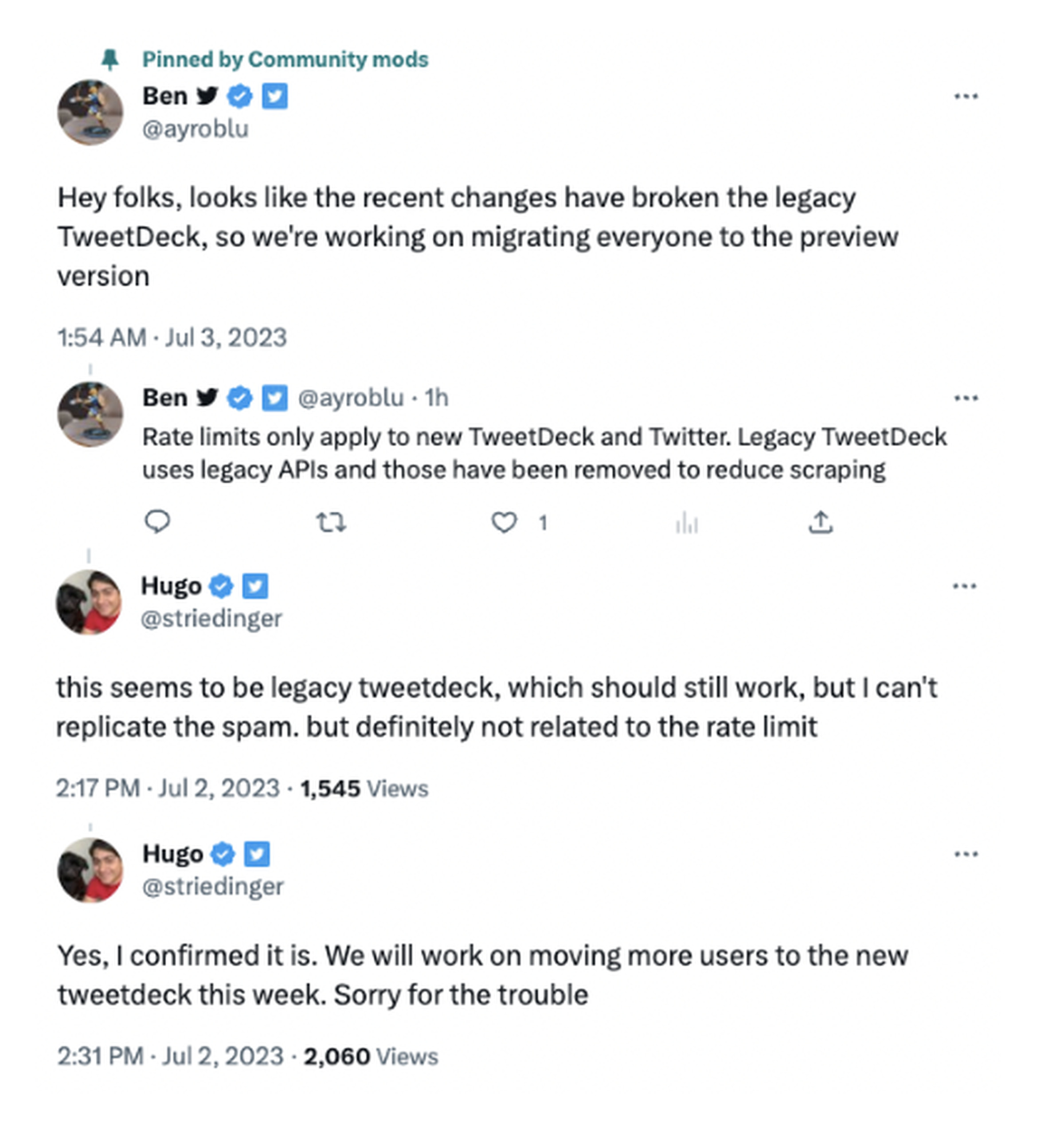 A screenshot of four tweets from Twitter employees about the changes to TweetDeck.