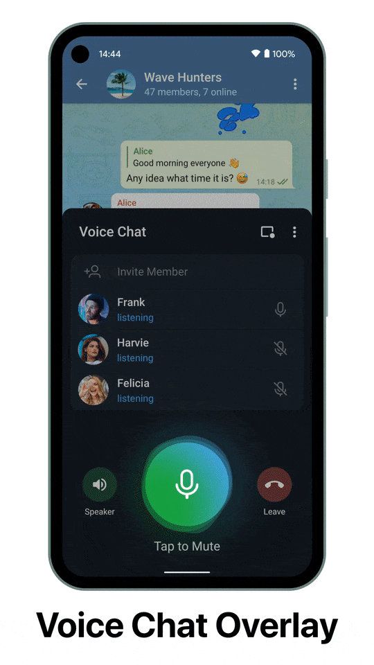 Telegram’s new voice chat overlay for Android.