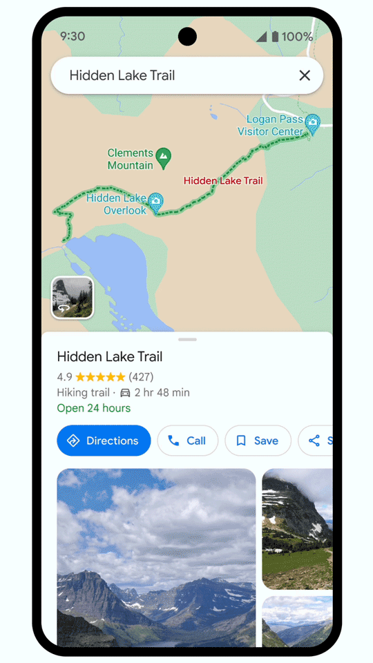 A GIF of what using the new search function looks like on a phone screen. It shows a highlighted trail route with photos and information below.       