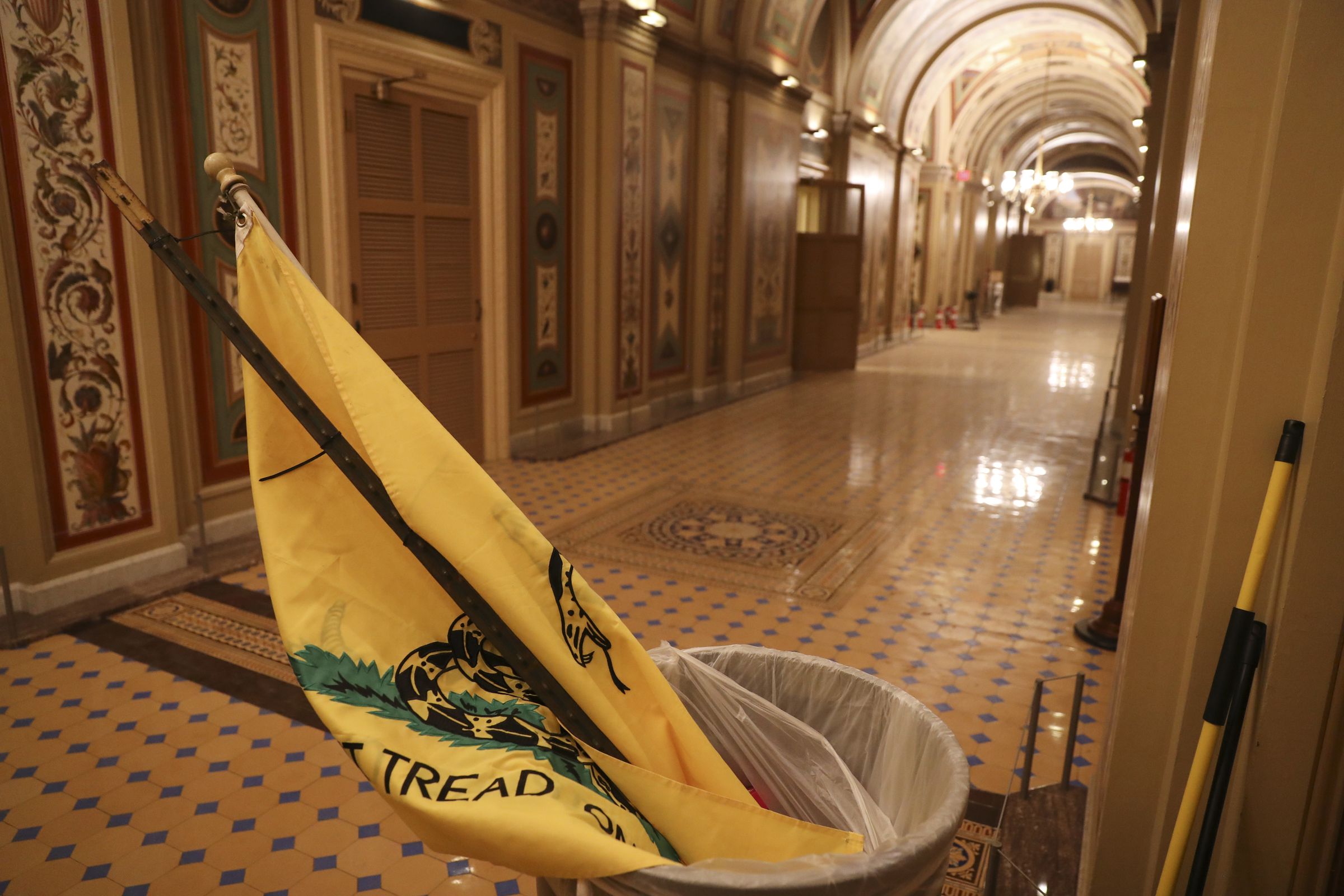 A Gadsden Flag flag left by Pro-Trump protesters who entered the U.S. Capitol building is seen after mass demonstrations in the nations capital during a joint session Congress to ratify President-elect Joe Biden on January 06, 2021 in Washington, DC.