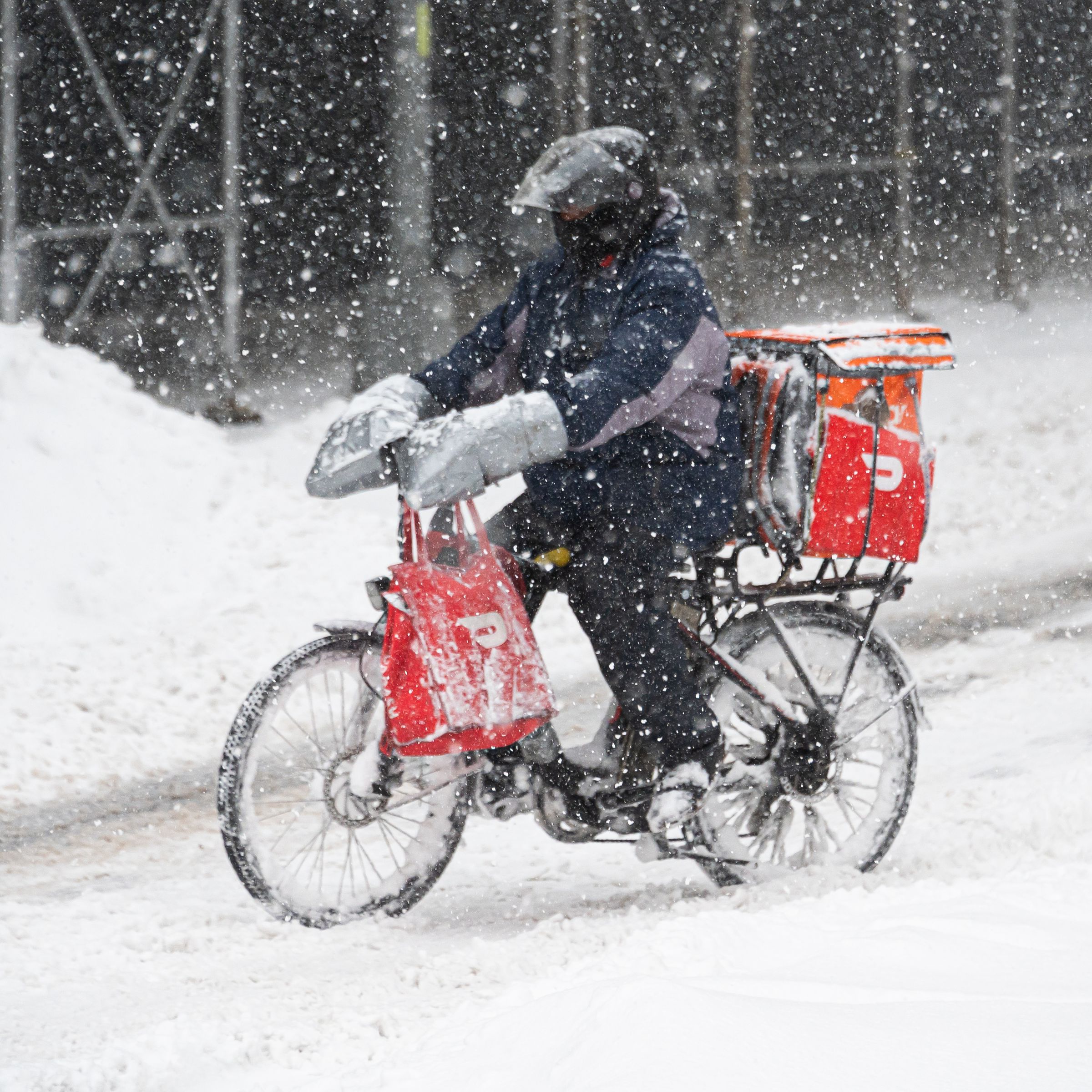 A cyclist carrying a DoorDash delivery on their rear rack and a sack on their handlebars rides through a heavy snowfall.