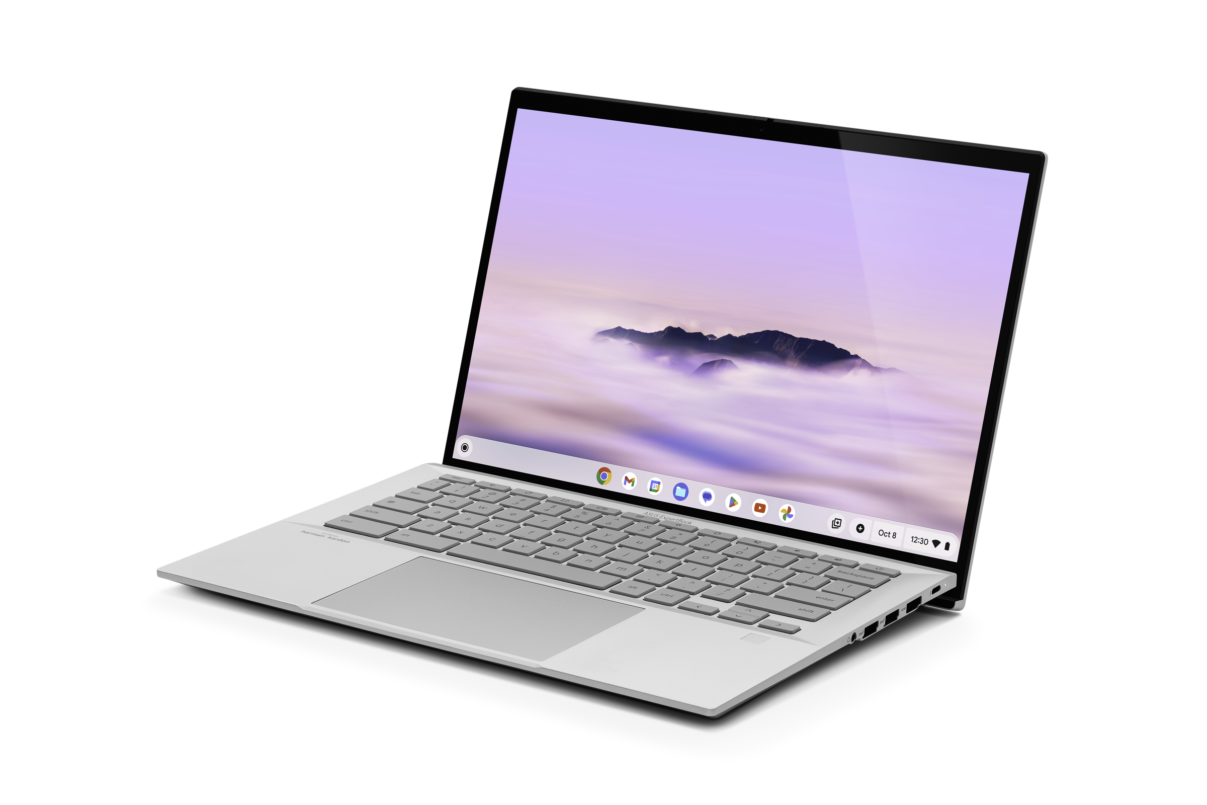 An open and powered-on laptop against a white background.