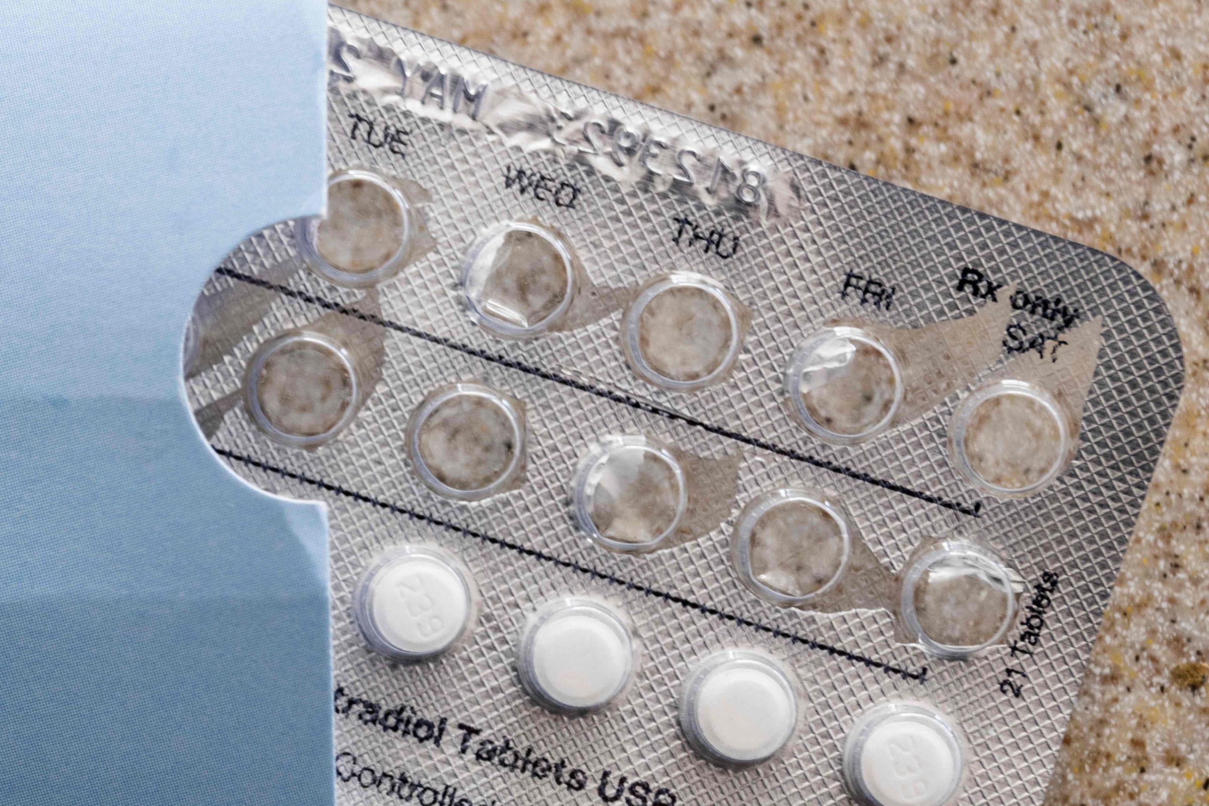 A pack of birth control pills with the first two rows missing.