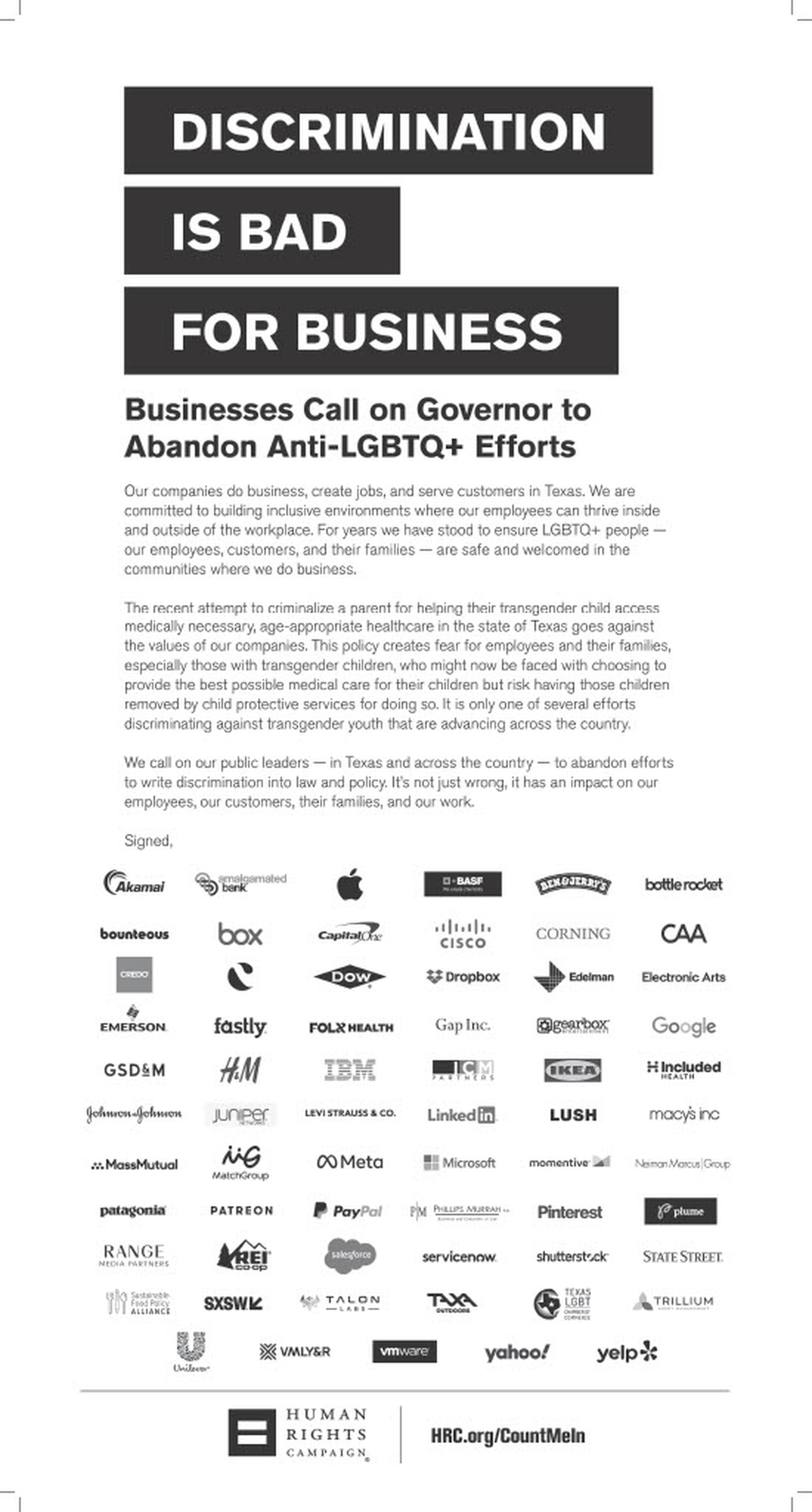 The advertisement is signed by more than 60 companies. 