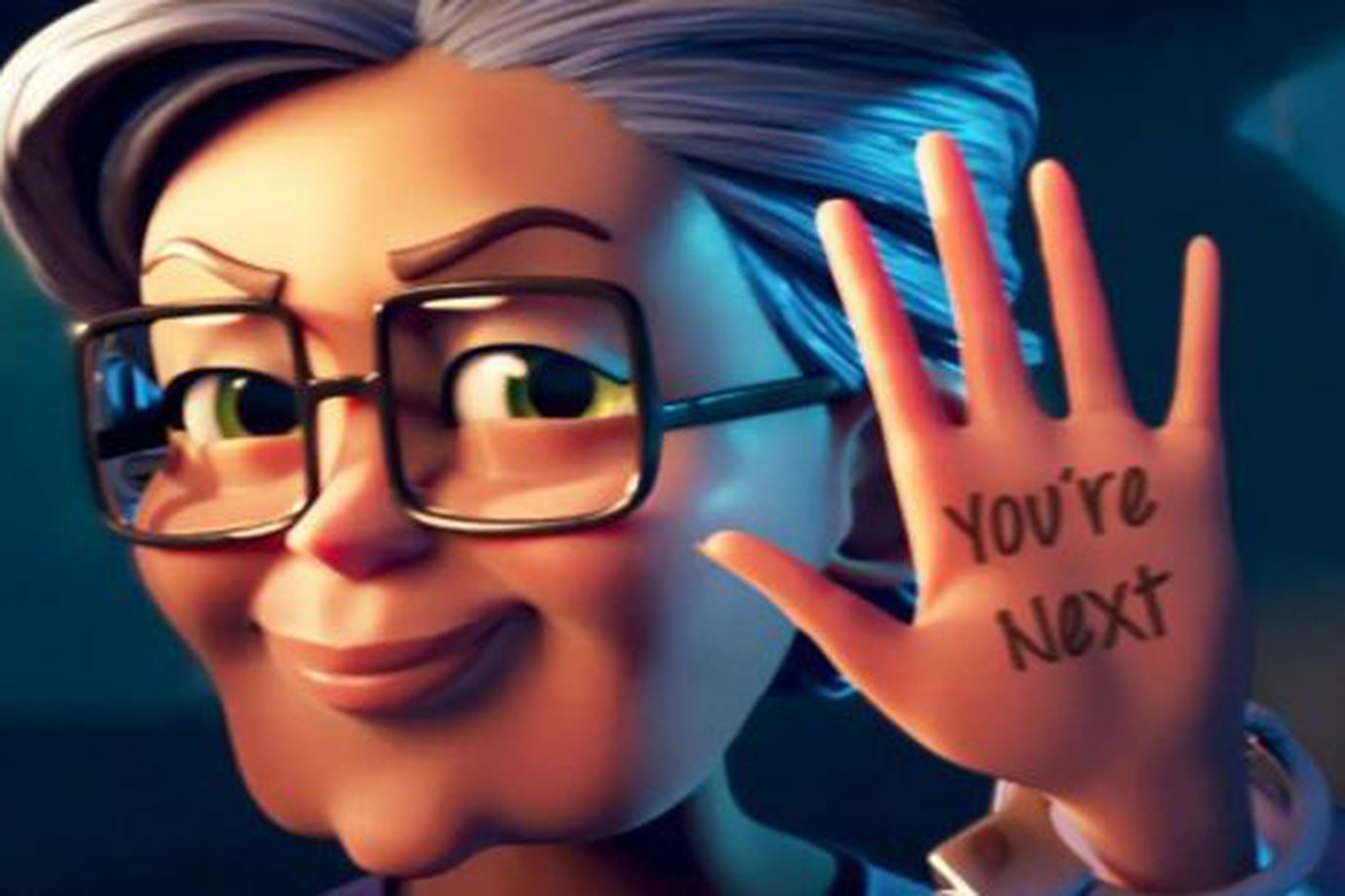 Screenshot from Merge Mansion ad featuring a sinister-looking elderly woman with text written on her hand that reads, “You’re next!”
