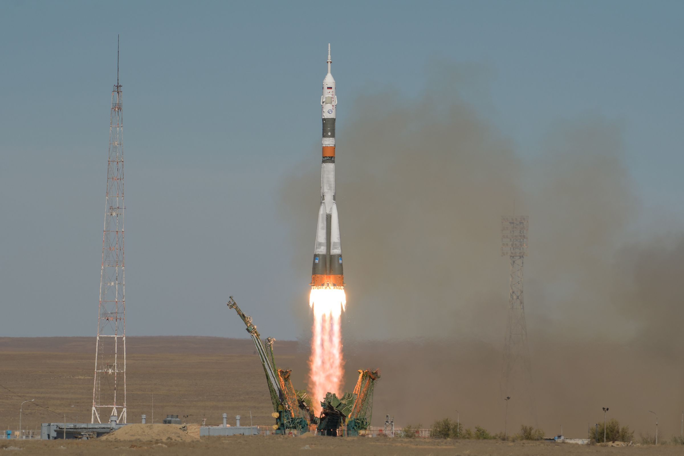 The Russian Soyuz rocket lifts off carrying Nick Hague and Alexey Ovchinin