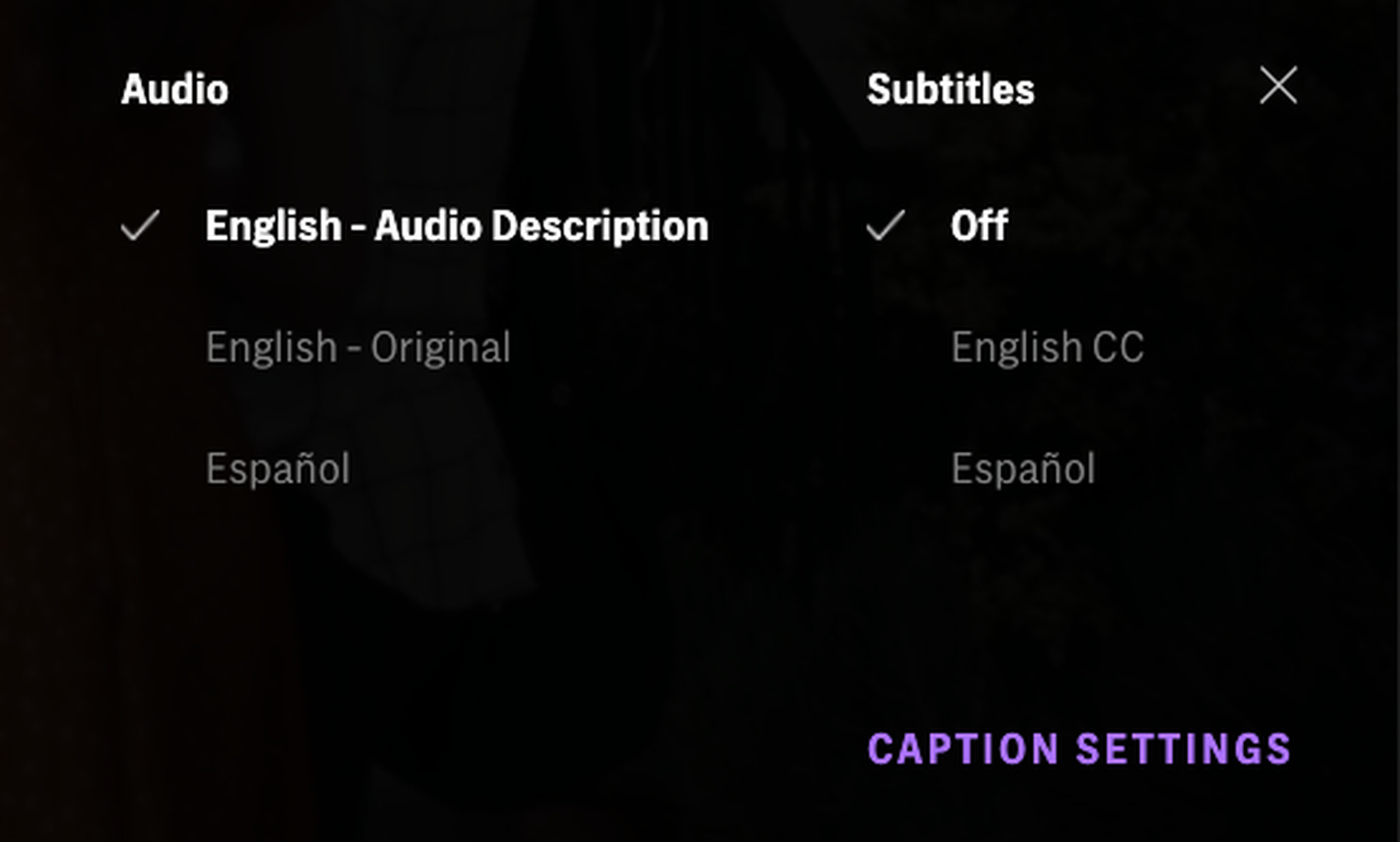 The caption settings tab in HBO Max showing a checked option for “English – Audio Description” along with options for subtitles in English and Spanish.