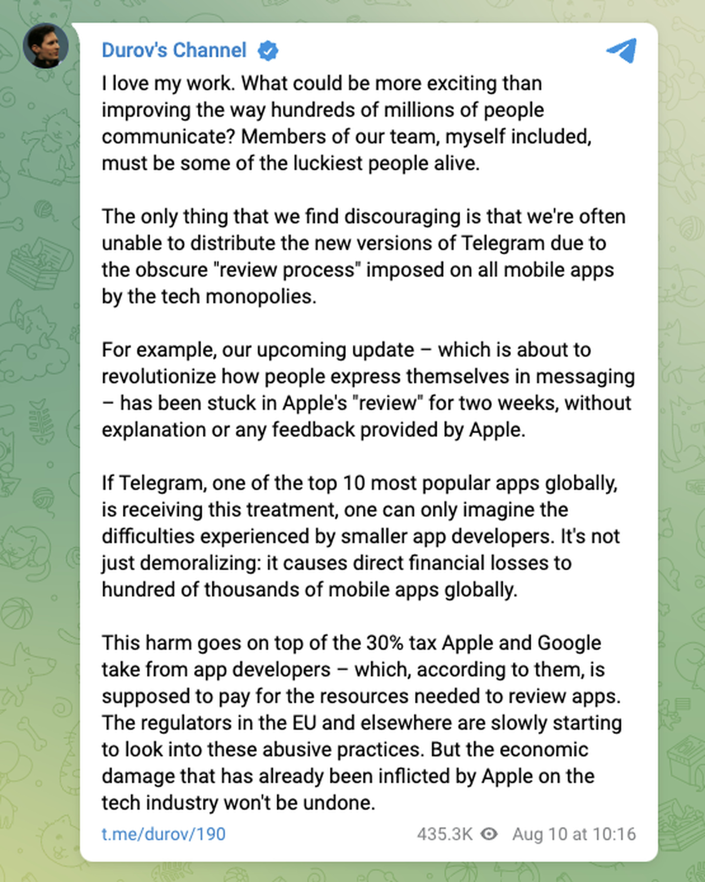 A screenshot of Telegram CEO Pavel Durov’s post critiquing the app store model.