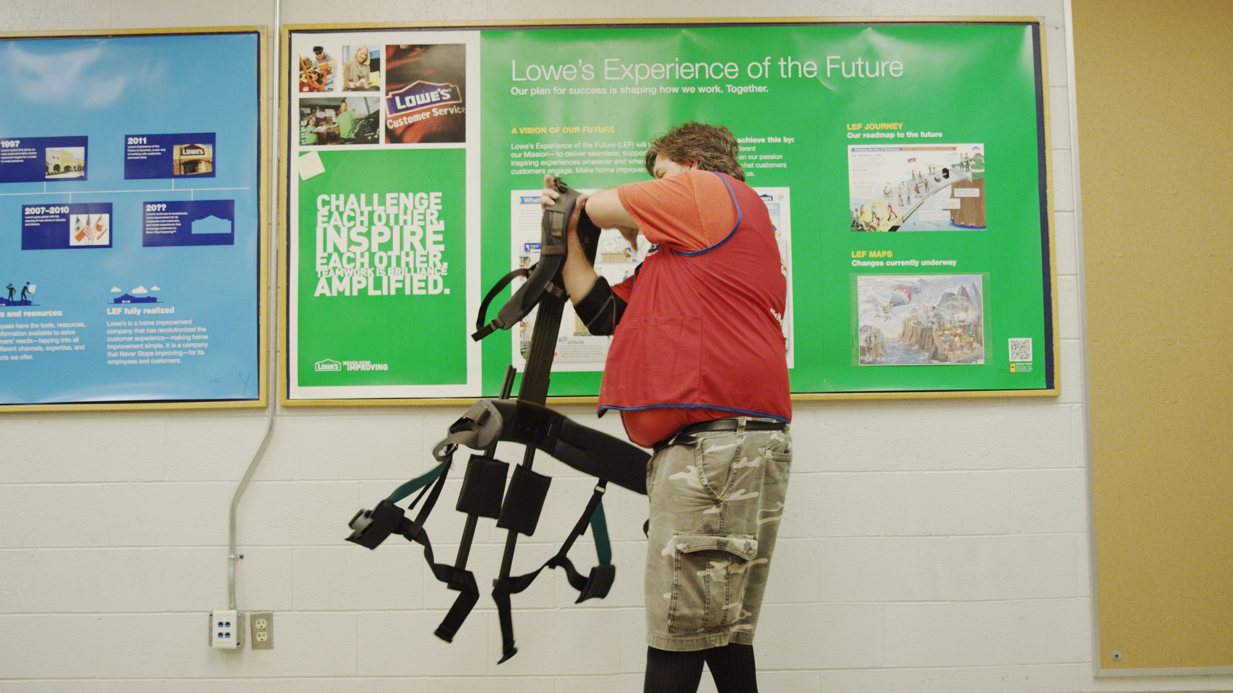 The exoskeleton is worn like a harness, and Lowe’s says it’s comfortable enough to have on all day.