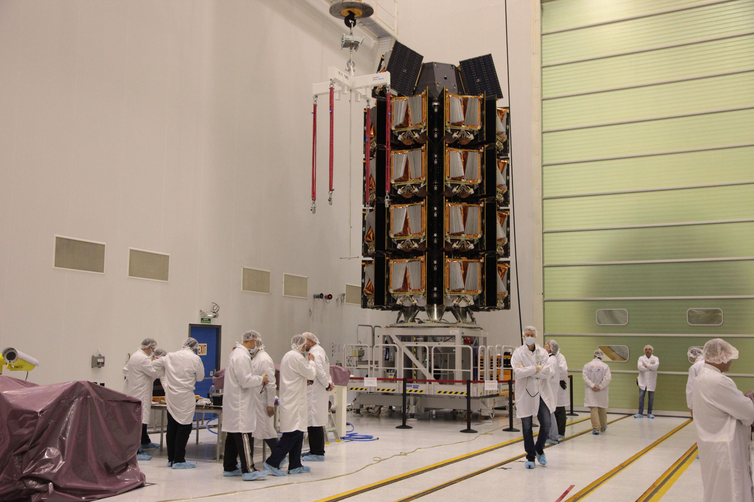 The OneWeb satellites on the dispenser that will deploy them into orbit.